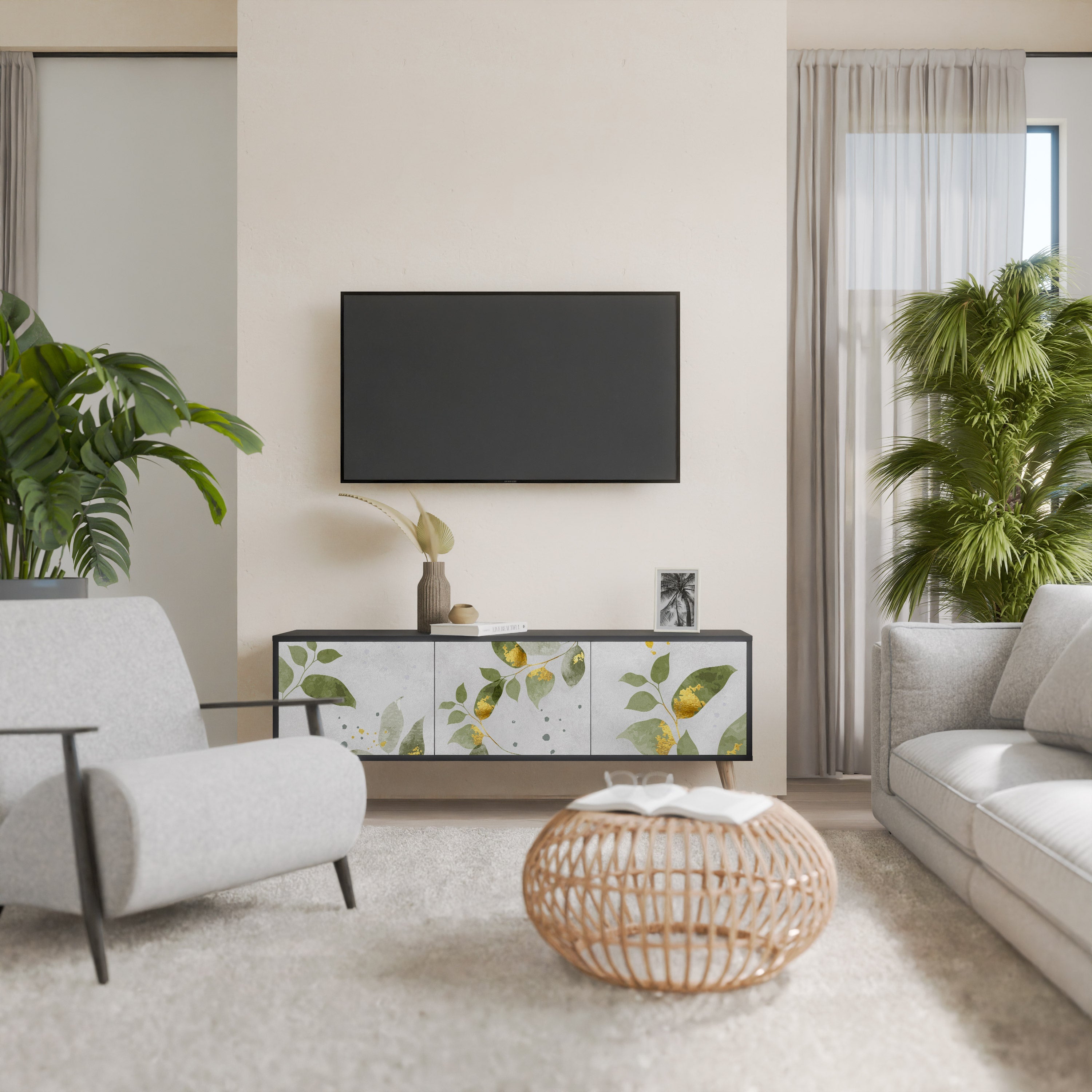 ELEGANT BOTANICS Τρίθυρη βάση τηλεόρασης σε μαύρο φινίρισμα