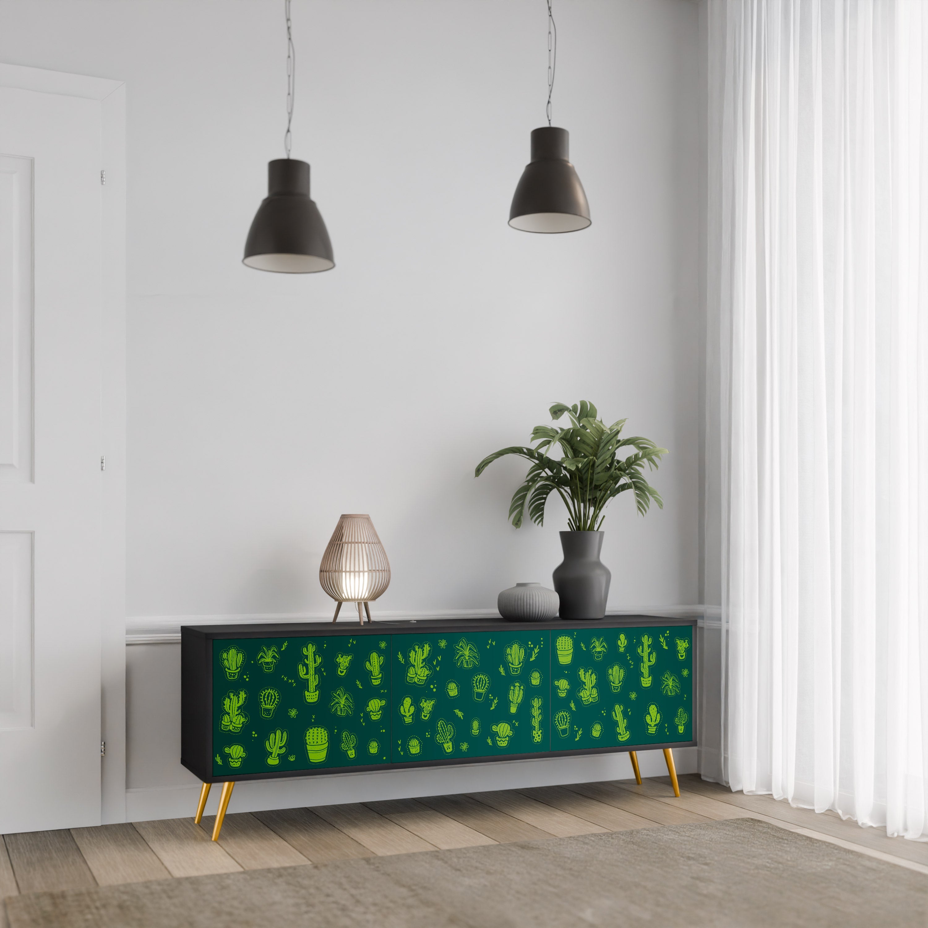 Βάση τηλεόρασης DESERT GREEN με 3 πόρτες σε μαύρο φινίρισμα