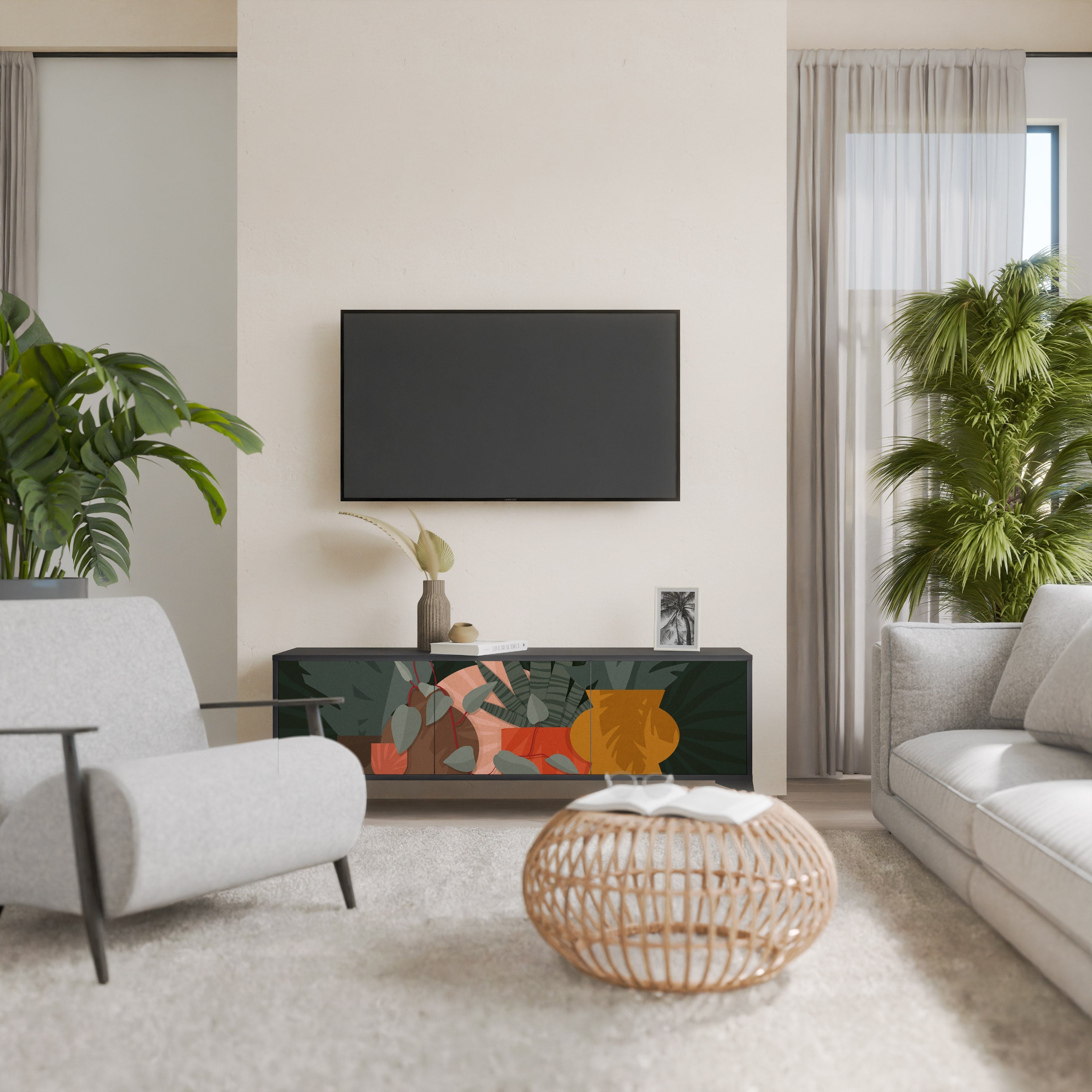 Βάση τηλεόρασης TROPICAL COMPOSITION με 3 πόρτες σε μαύρο φινίρισμα