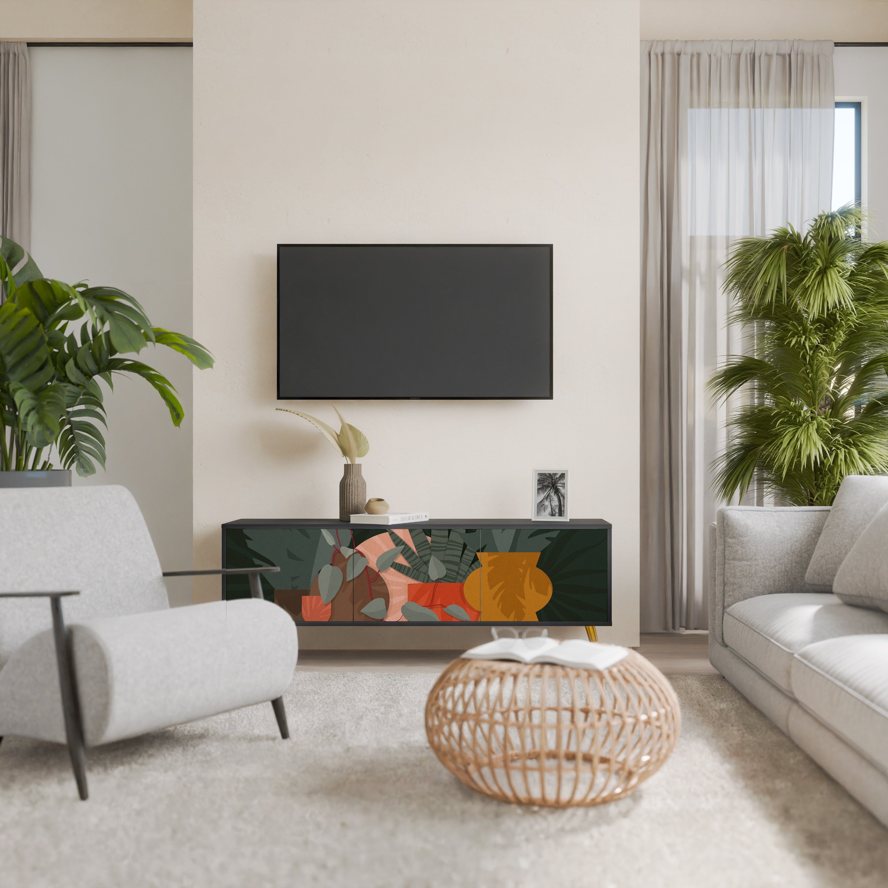 Βάση τηλεόρασης TROPICAL COMPOSITION με 3 πόρτες σε μαύρο φινίρισμα