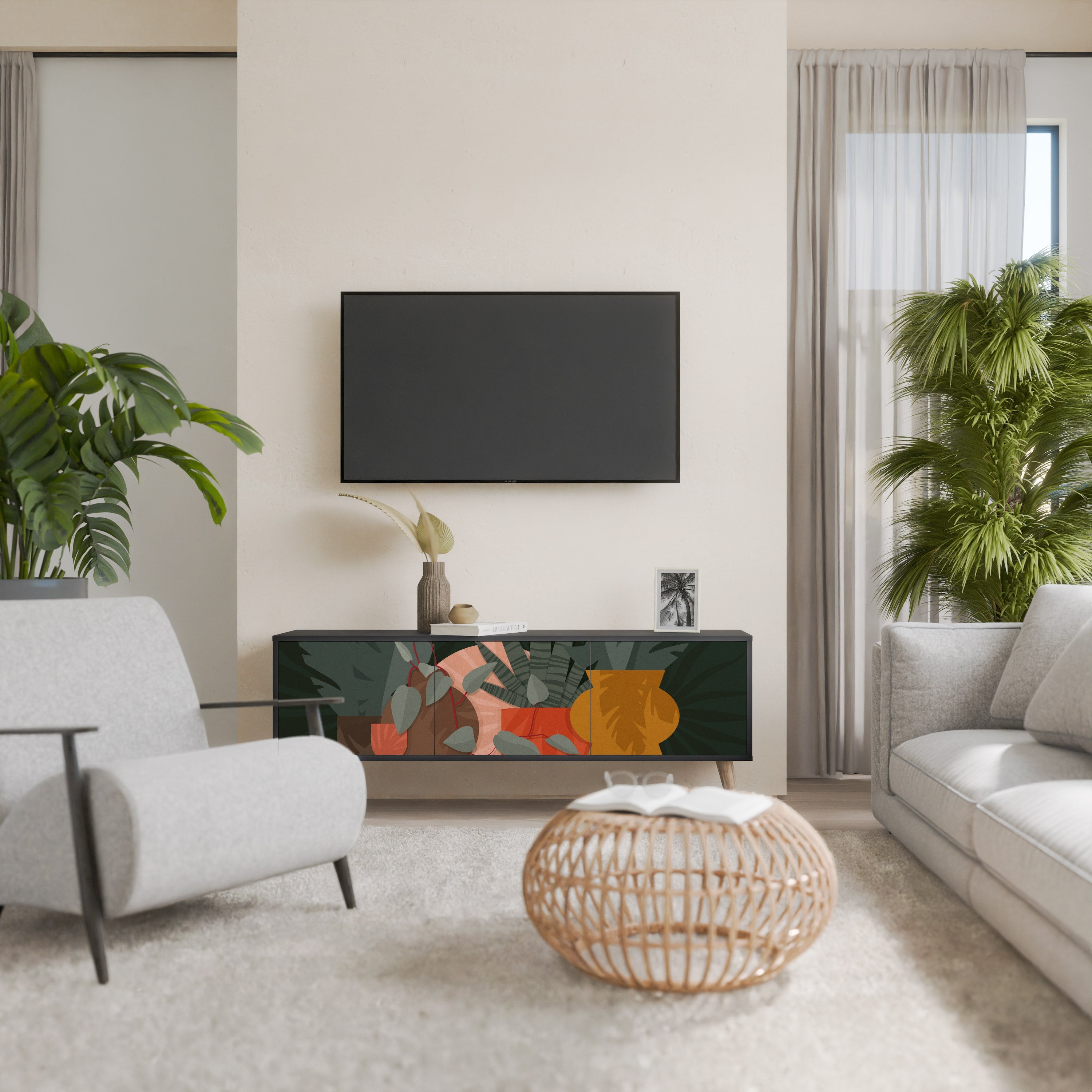 Βάση τηλεόρασης TROPICAL COMPOSITION με 3 πόρτες σε μαύρο φινίρισμα