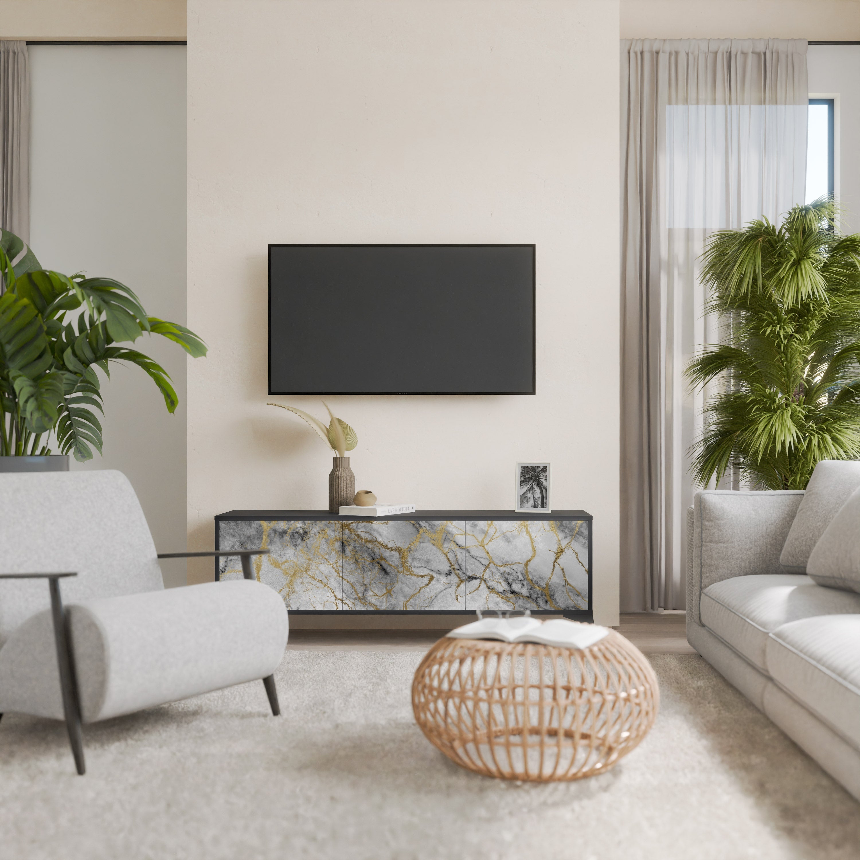 Βάση τηλεόρασης TIMELESS GLIDE με 3 πόρτες σε μαύρο φινίρισμα