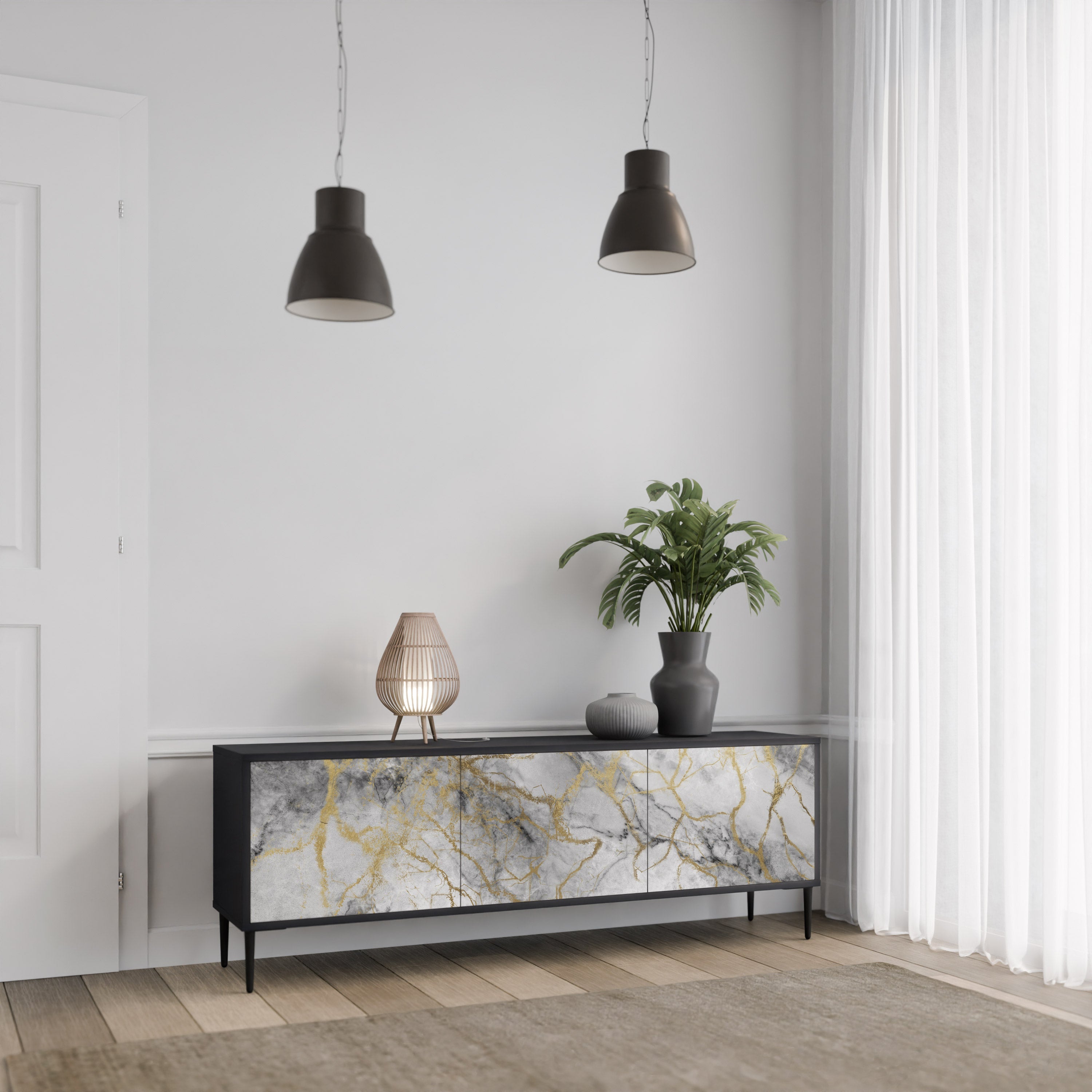 Βάση τηλεόρασης TIMELESS GLIDE με 3 πόρτες σε μαύρο φινίρισμα