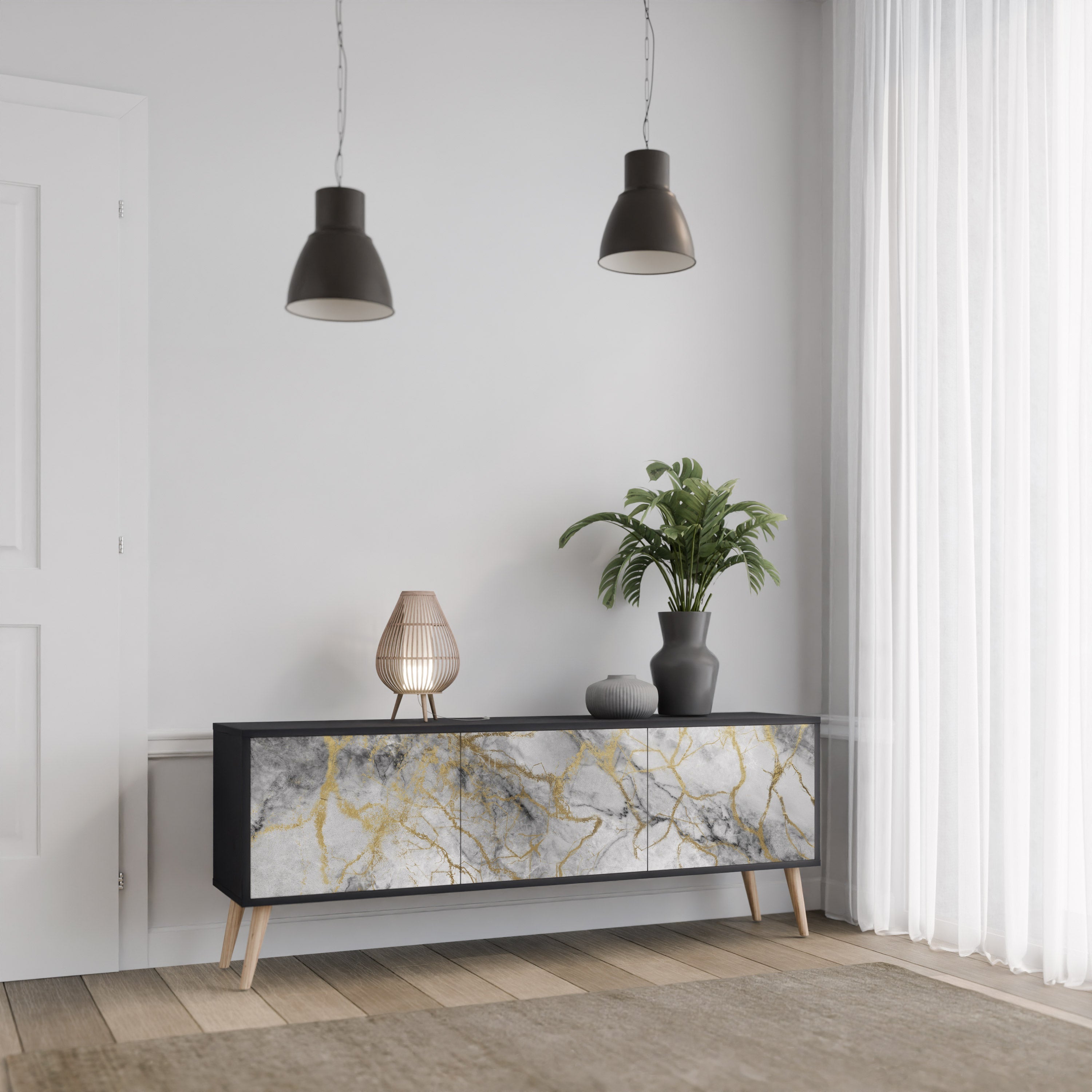 Βάση τηλεόρασης TIMELESS GLIDE με 3 πόρτες σε μαύρο φινίρισμα