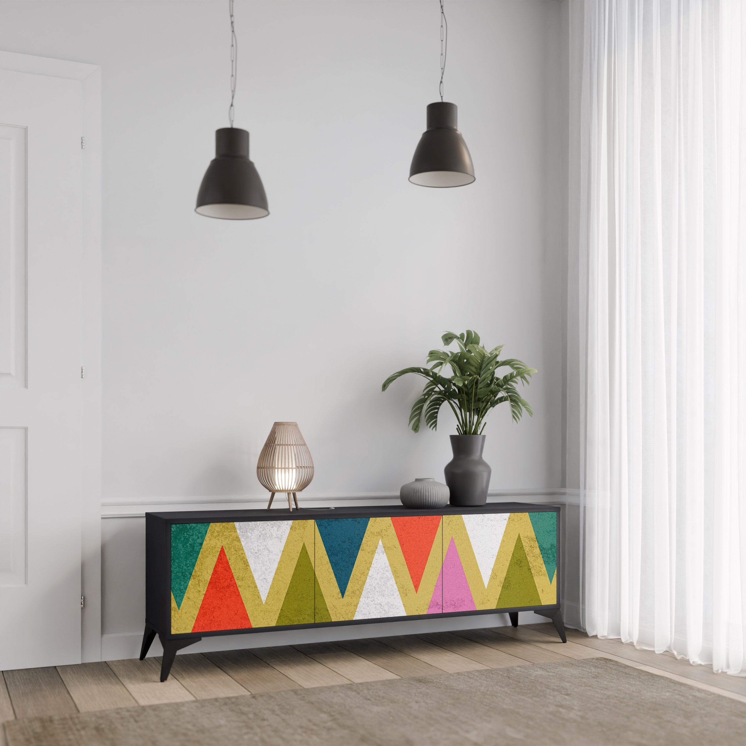 Βάση τηλεόρασης 3 θυρών COLORFUL TRIANGLES σε μαύρο φινίρισμα