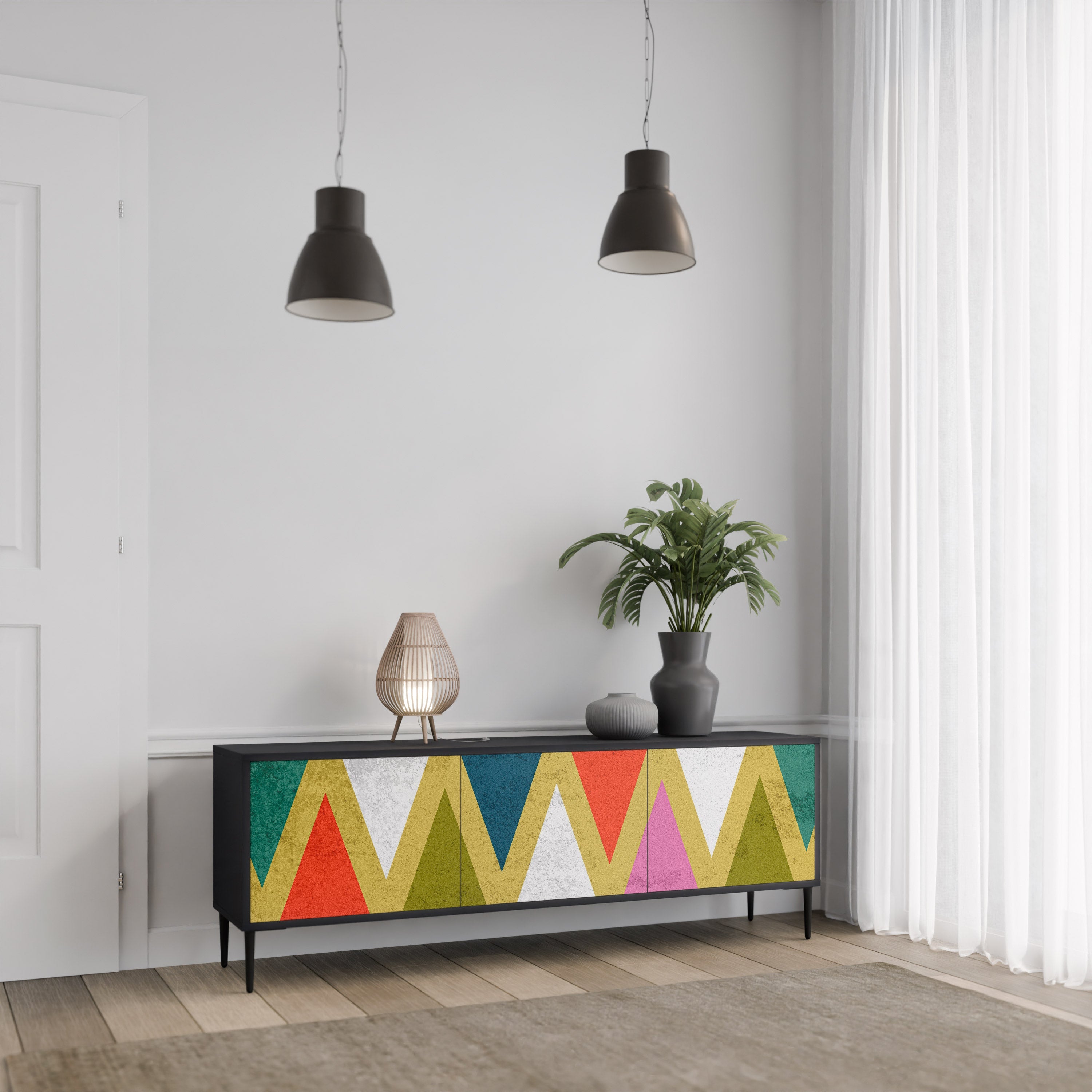 Βάση τηλεόρασης 3 θυρών COLORFUL TRIANGLES σε μαύρο φινίρισμα