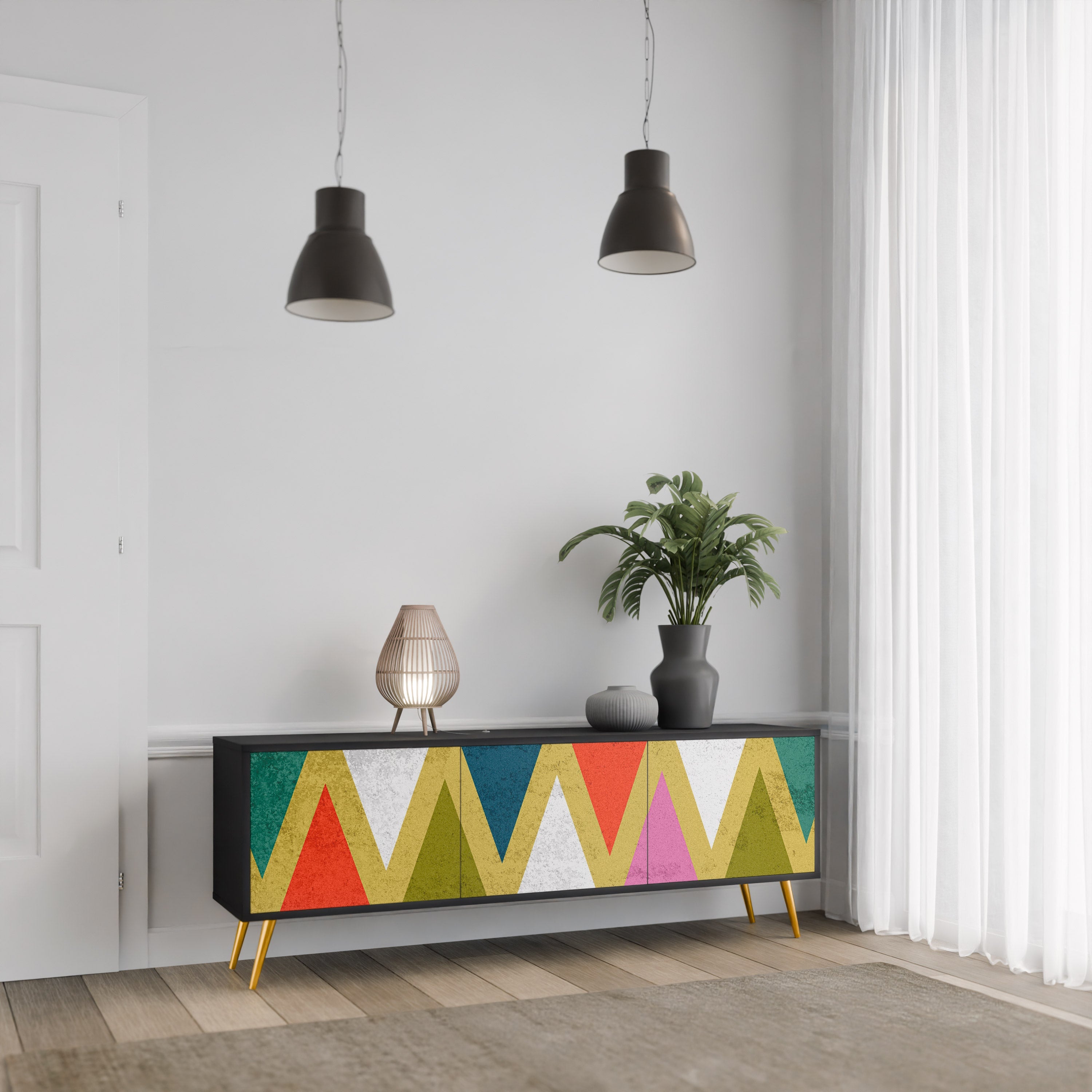 Βάση τηλεόρασης 3 θυρών COLORFUL TRIANGLES σε μαύρο φινίρισμα