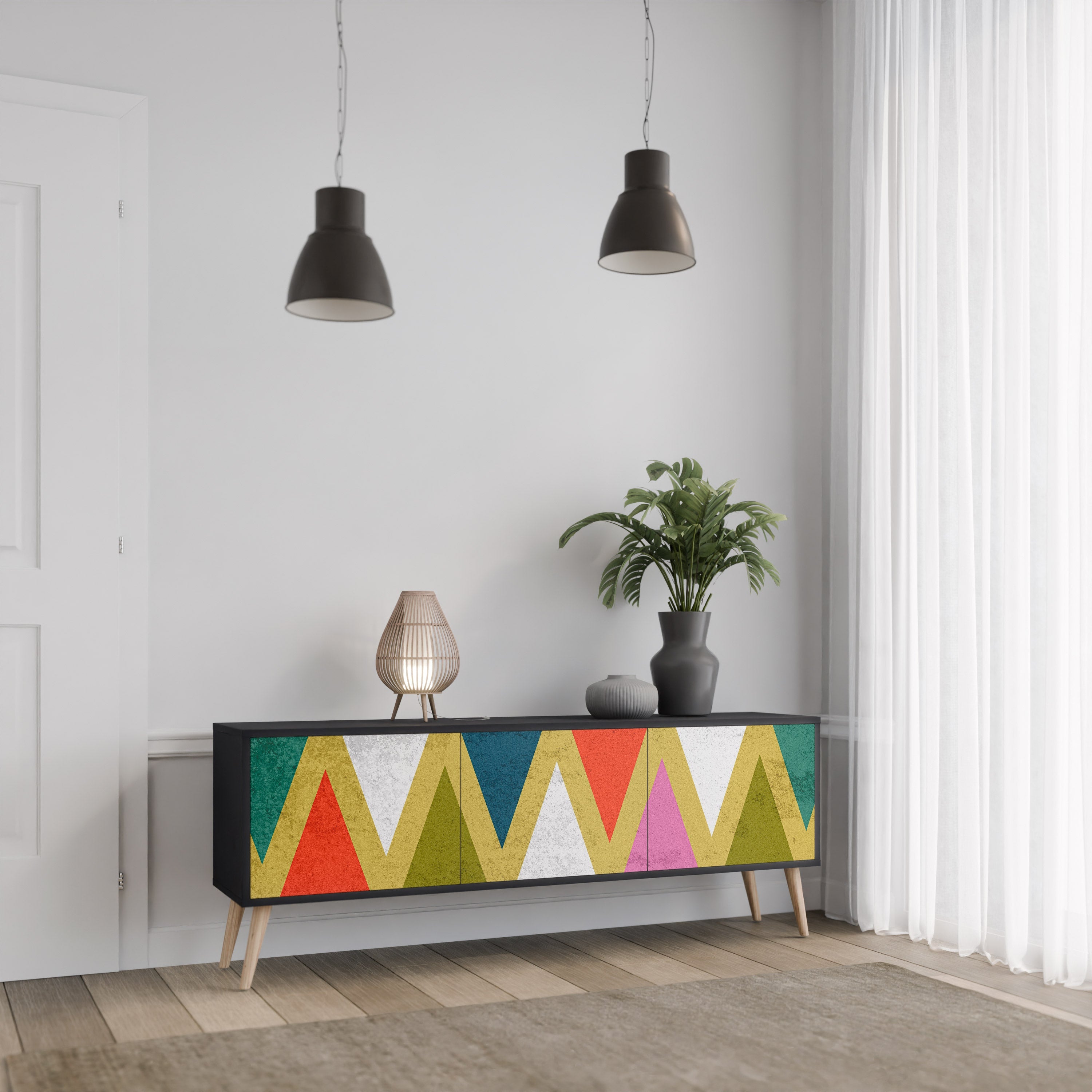 Βάση τηλεόρασης 3 θυρών COLORFUL TRIANGLES σε μαύρο φινίρισμα