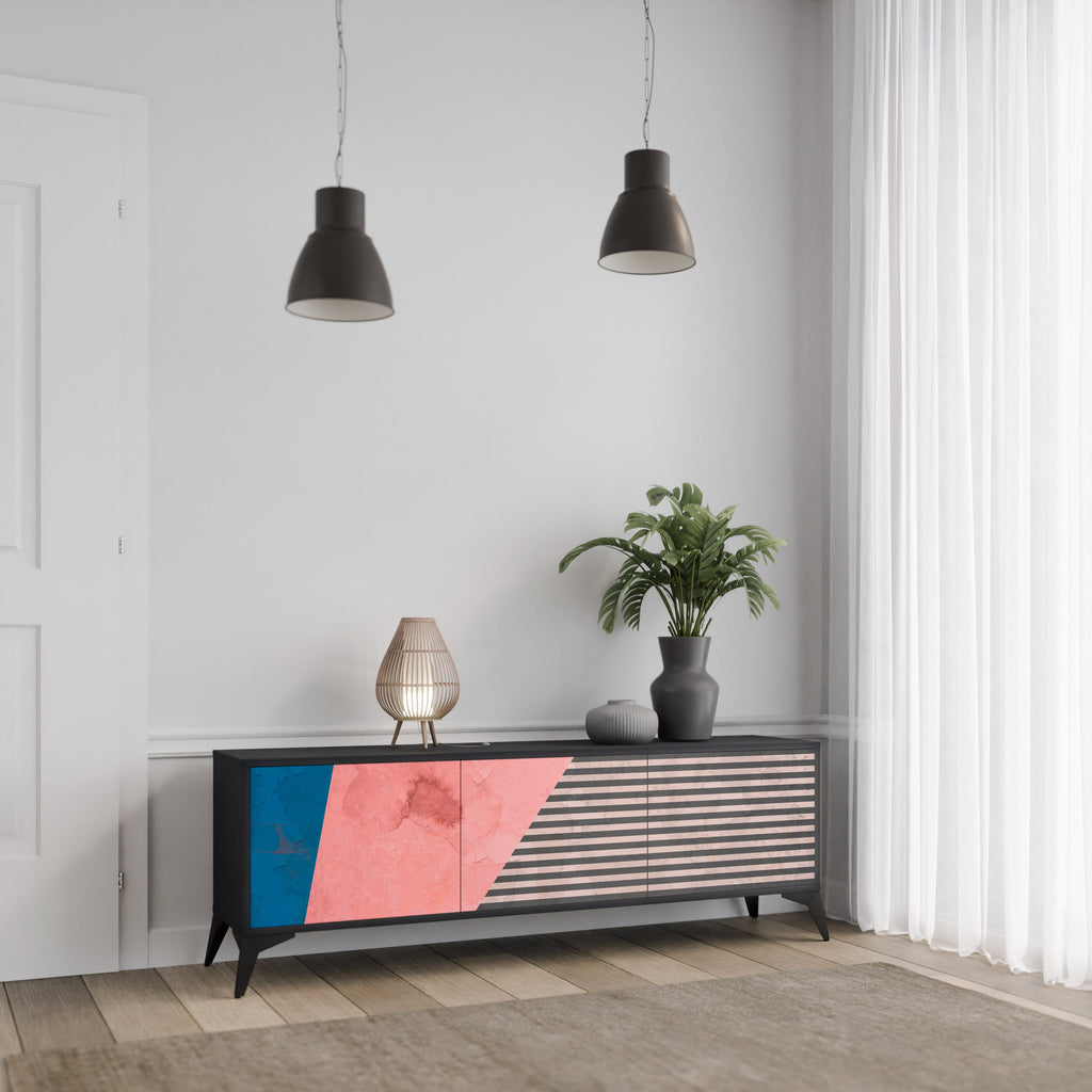 Βάση τηλεόρασης GLAMOROUS STRIPE με 3 πόρτες σε μαύρο φινίρισμα