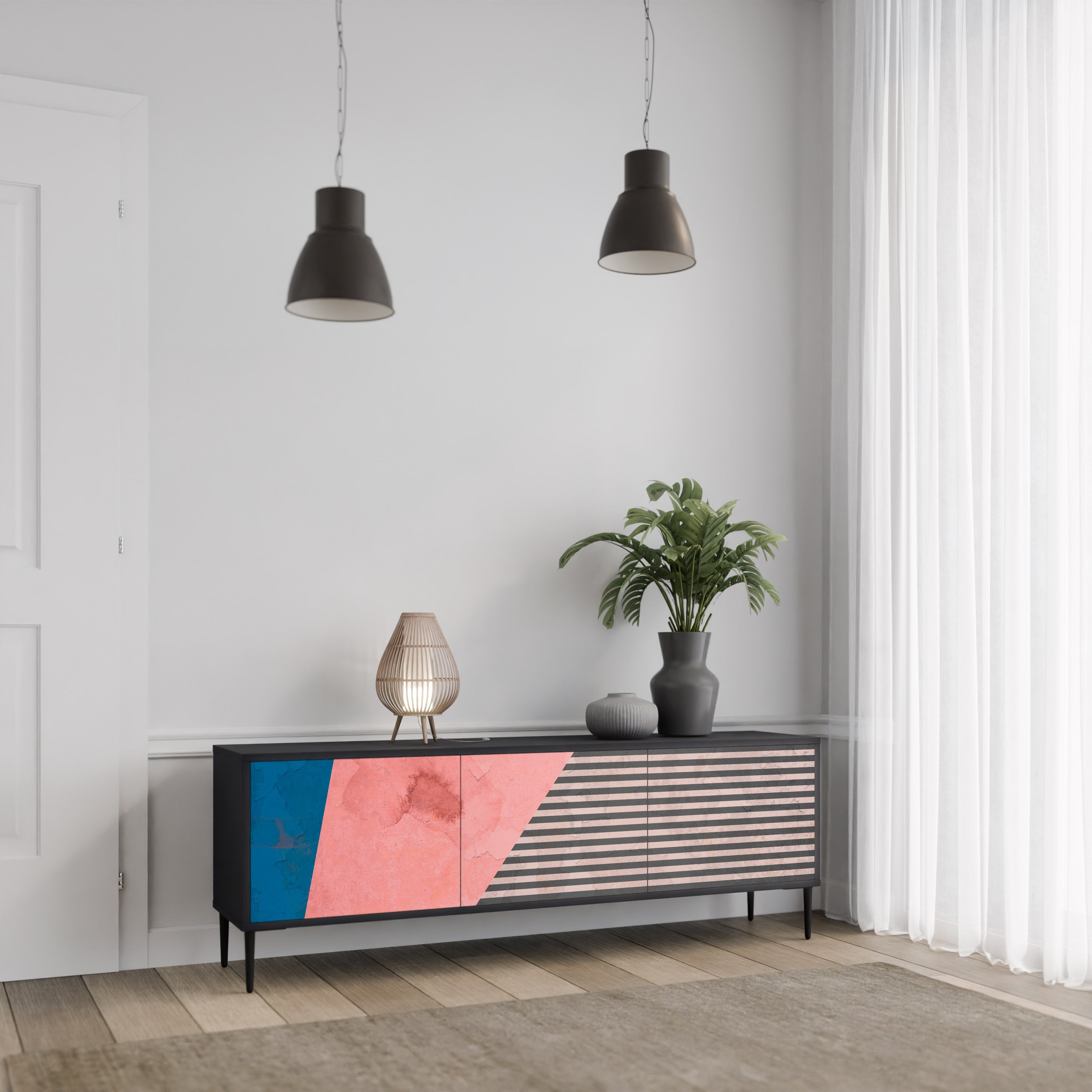 Βάση τηλεόρασης GLAMOROUS STRIPE με 3 πόρτες σε μαύρο φινίρισμα