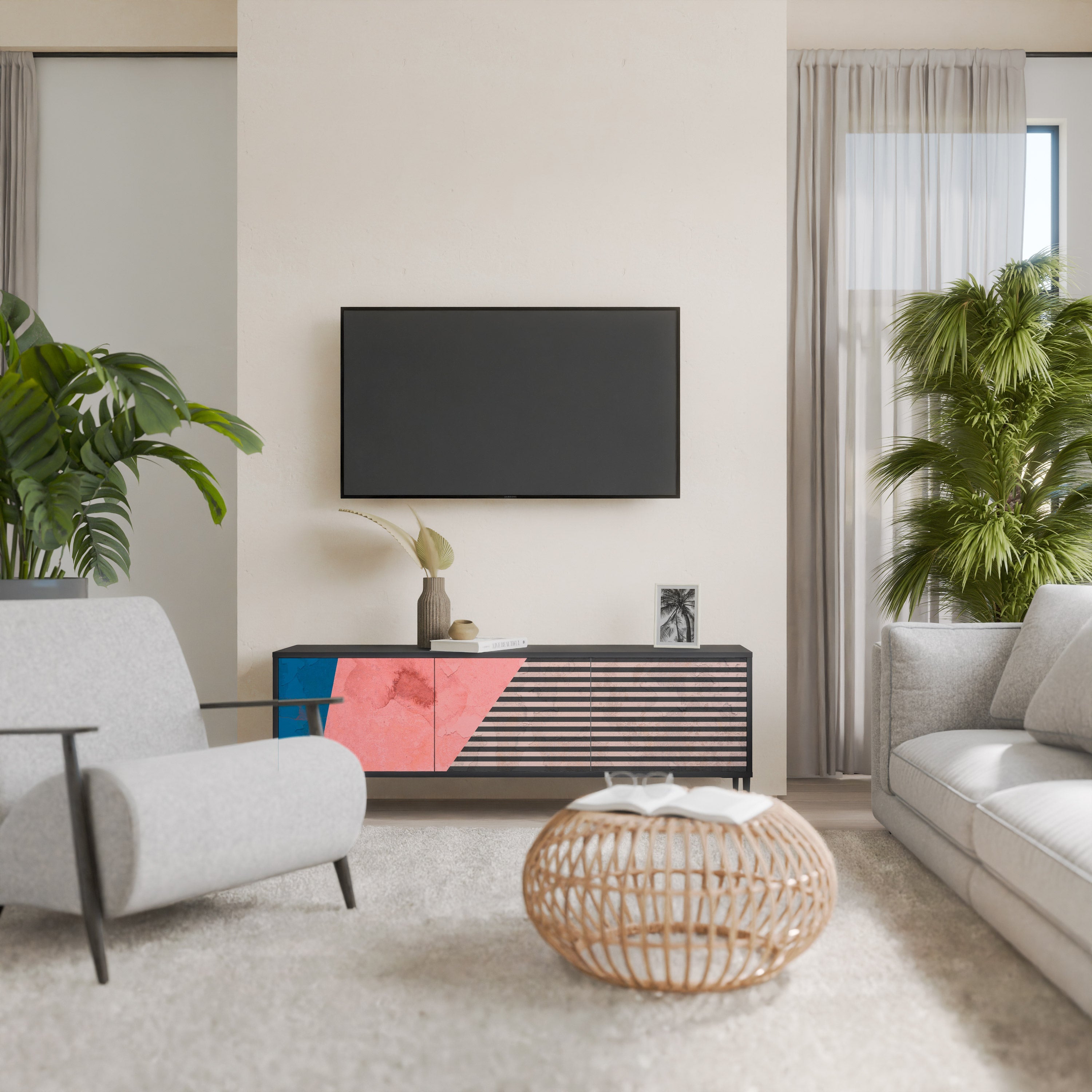Βάση τηλεόρασης GLAMOROUS STRIPE με 3 πόρτες σε μαύρο φινίρισμα