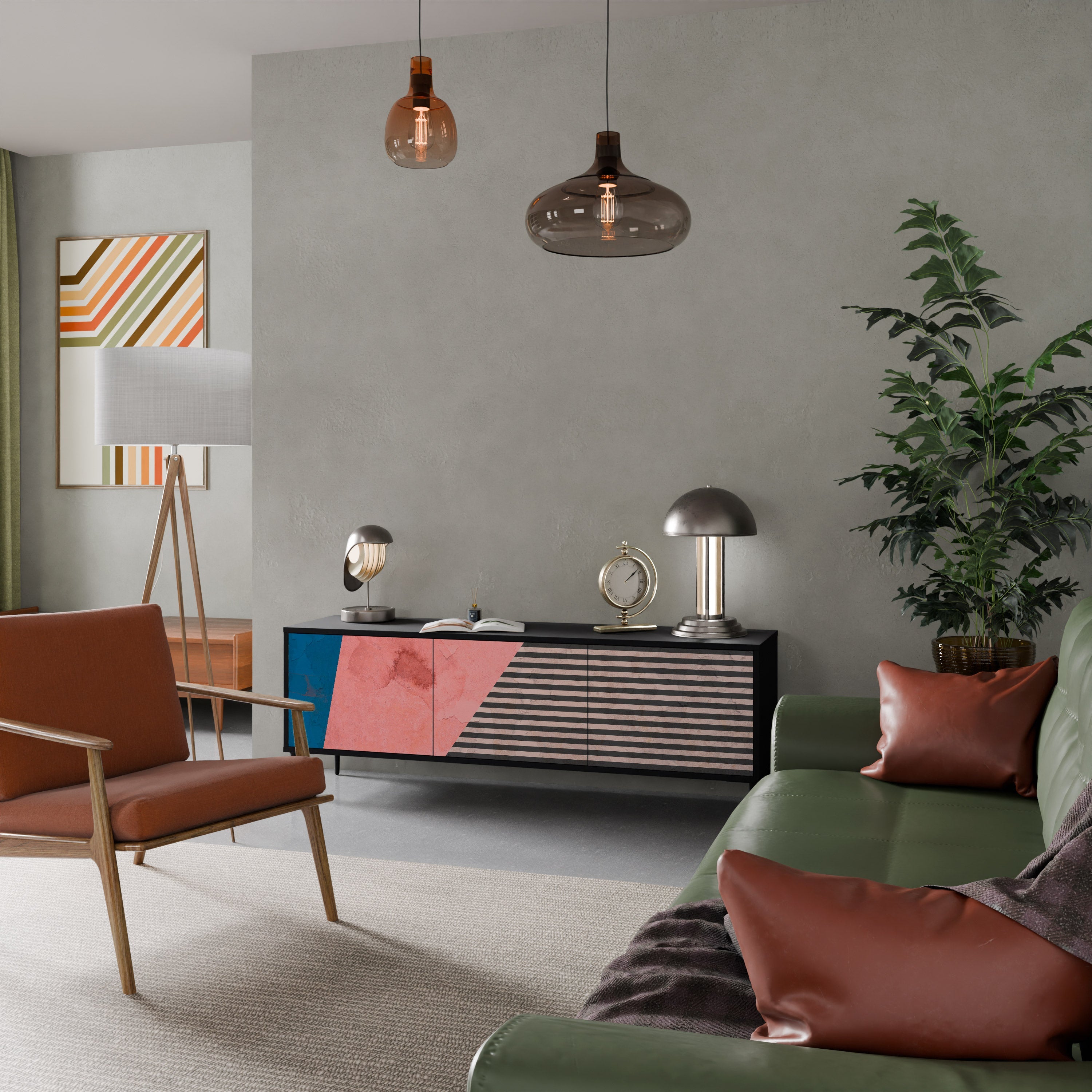Βάση τηλεόρασης GLAMOROUS STRIPE με 3 πόρτες σε μαύρο φινίρισμα