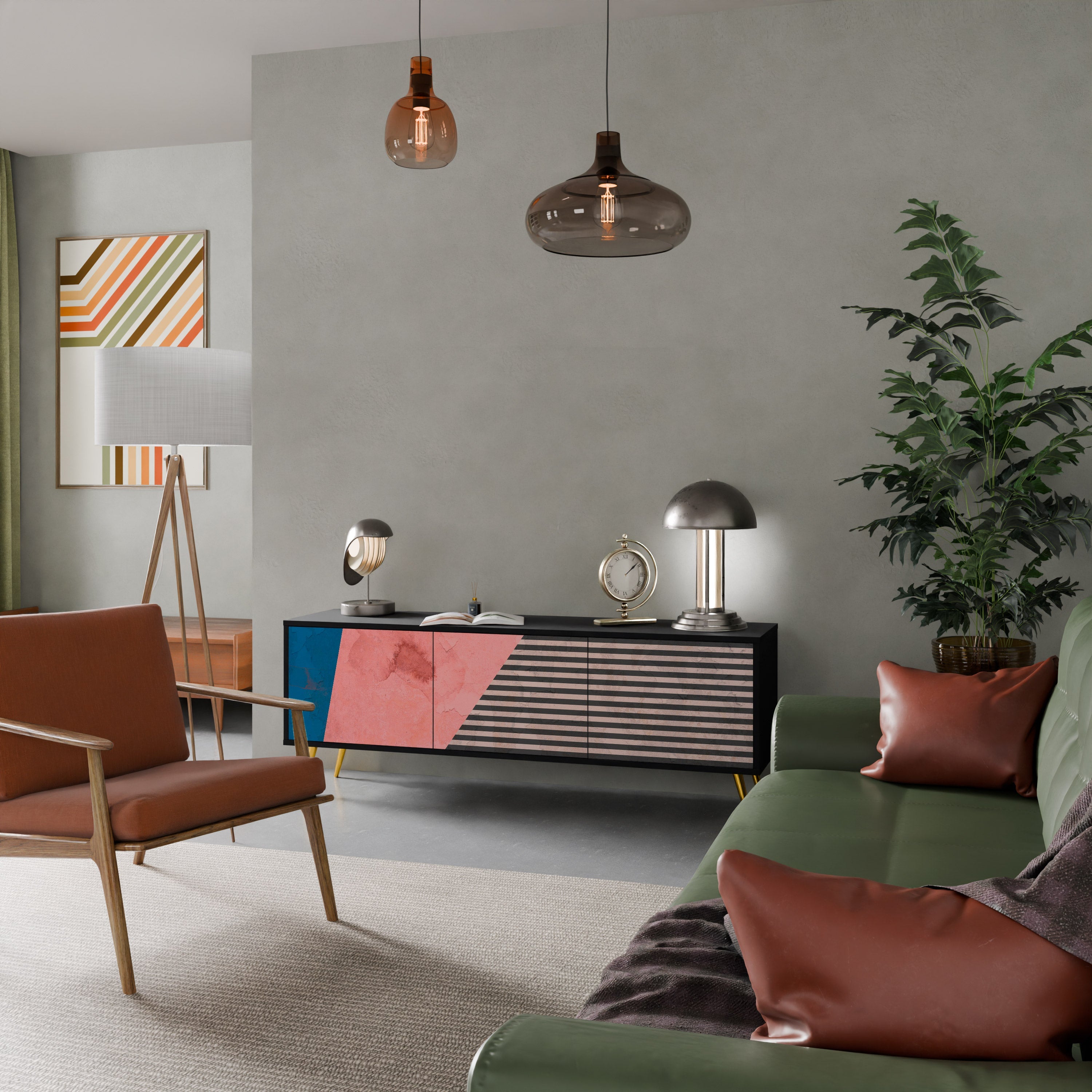 Βάση τηλεόρασης GLAMOROUS STRIPE με 3 πόρτες σε μαύρο φινίρισμα