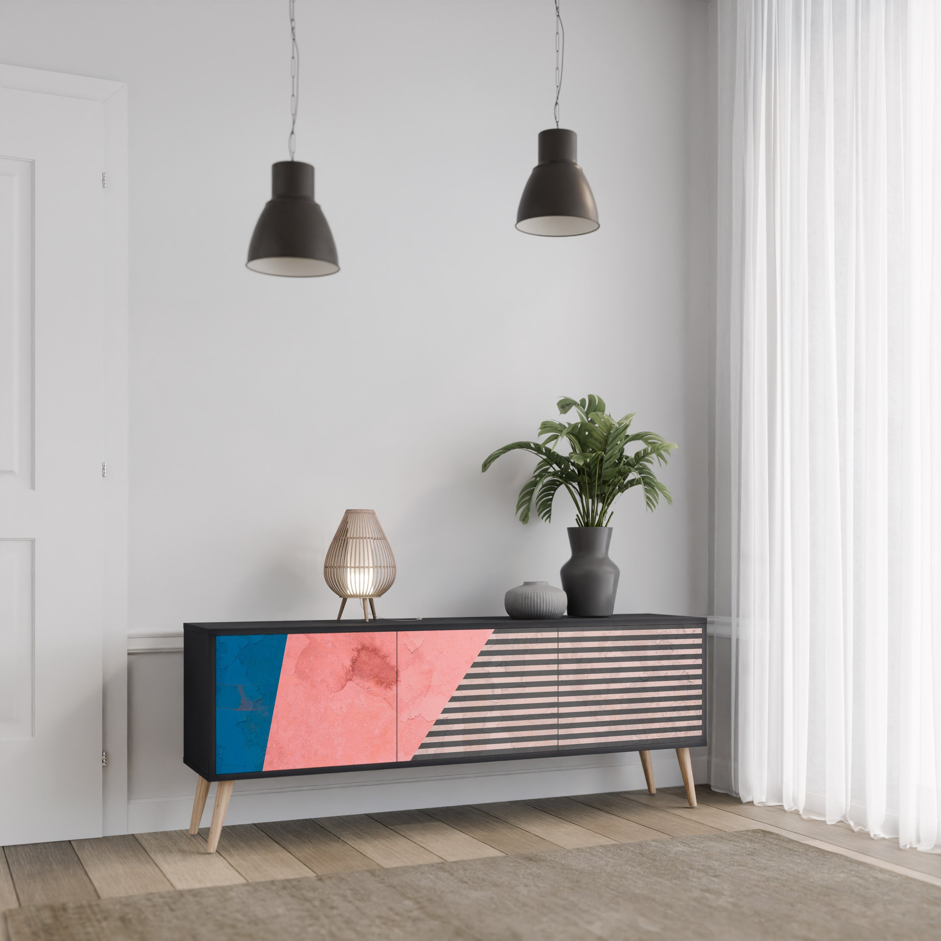 Βάση τηλεόρασης GLAMOROUS STRIPE με 3 πόρτες σε μαύρο φινίρισμα