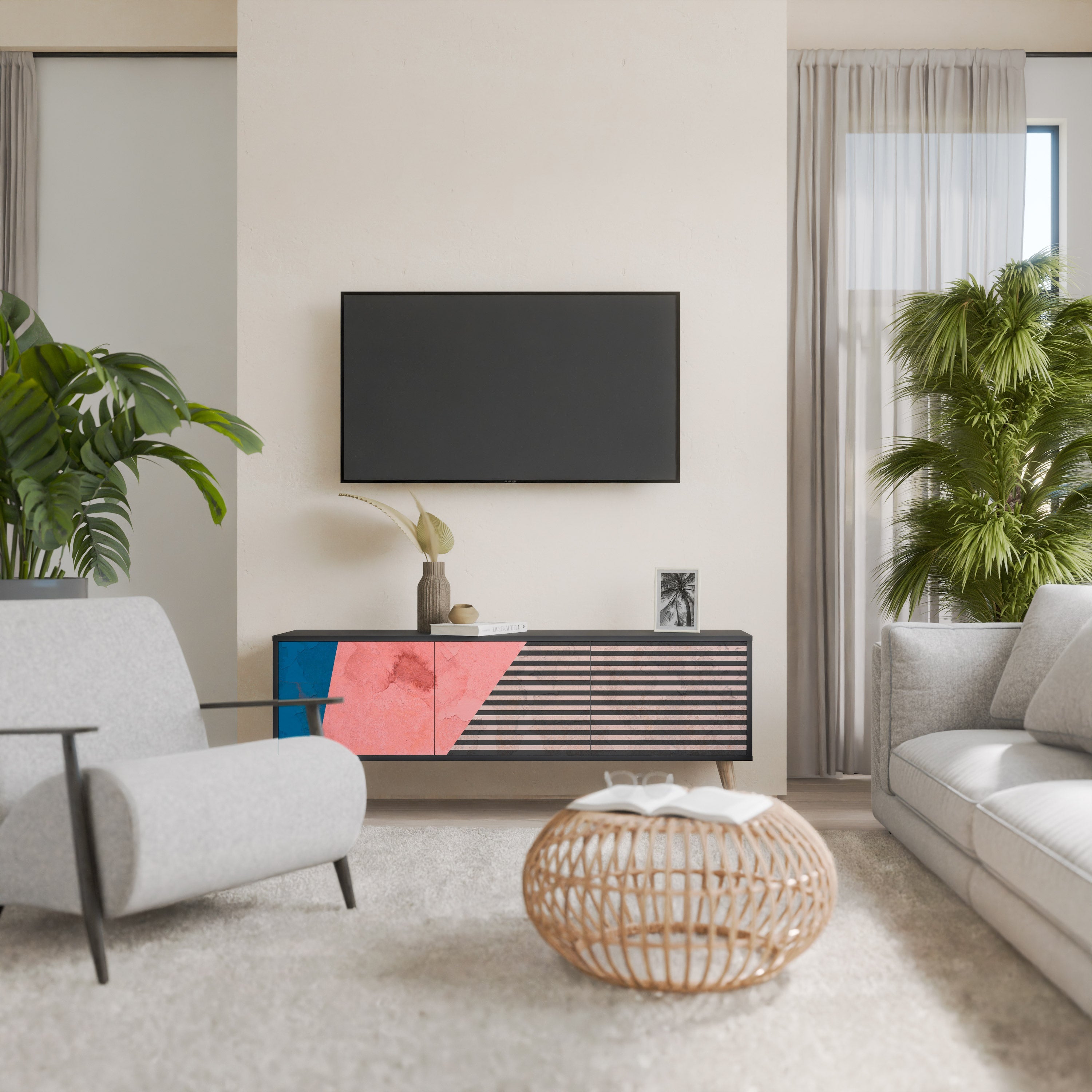 Βάση τηλεόρασης GLAMOROUS STRIPE με 3 πόρτες σε μαύρο φινίρισμα