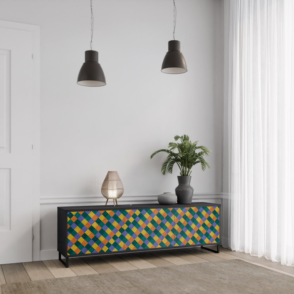 Βάση τηλεόρασης PAINTED SQUARES MIX 3 πορτών σε μαύρο φινίρισμα