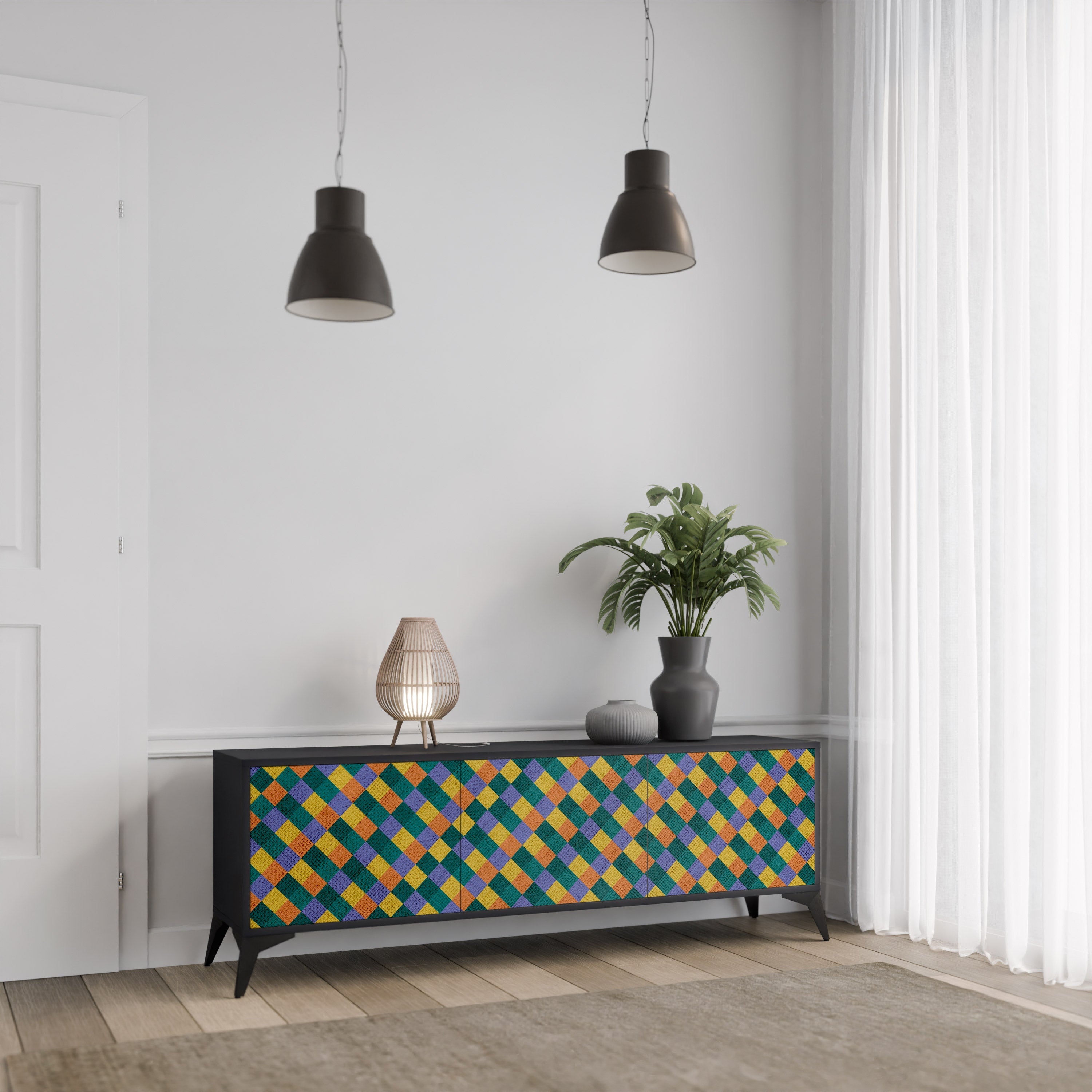 Βάση τηλεόρασης PAINTED SQUARES MIX 3 πορτών σε μαύρο φινίρισμα