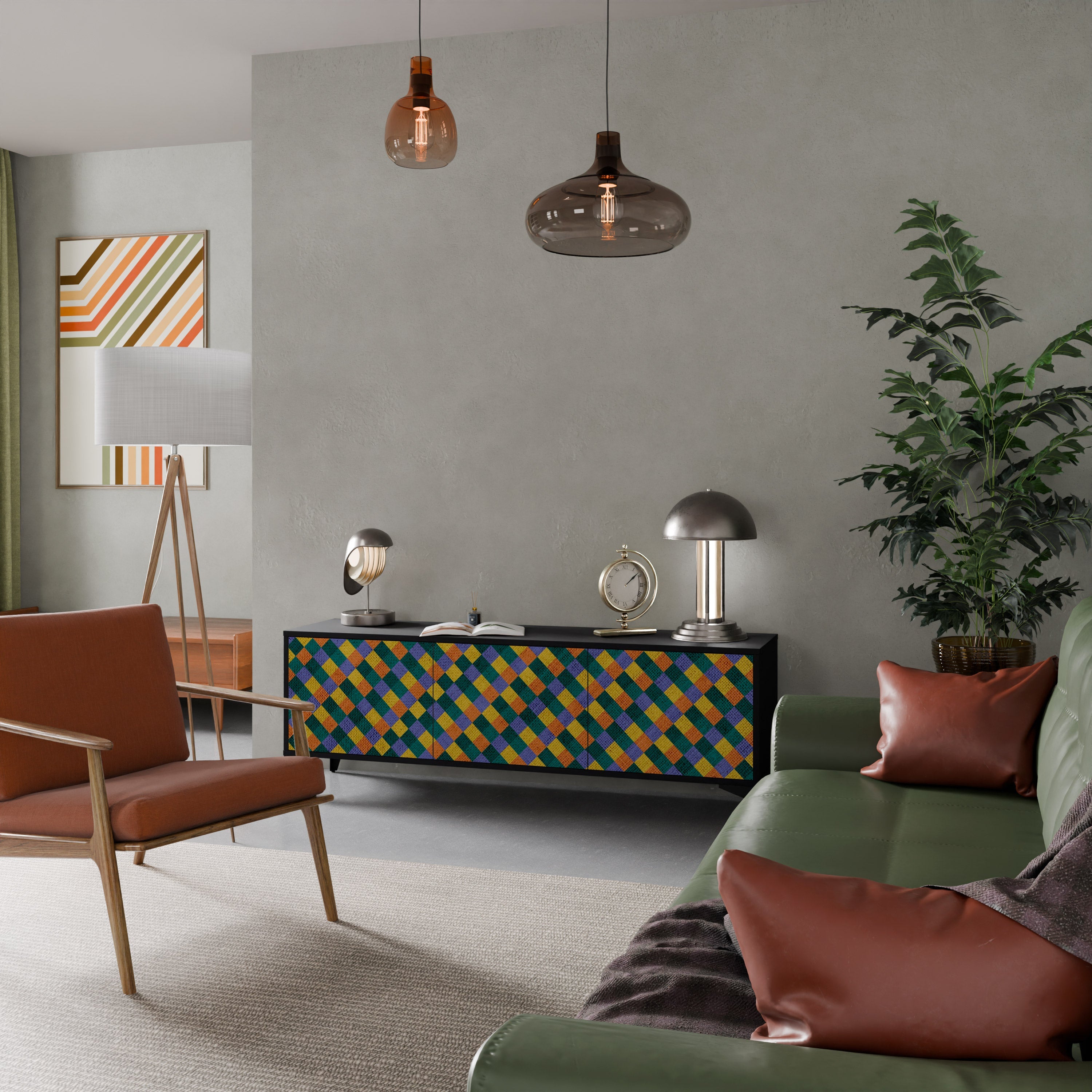 Βάση τηλεόρασης PAINTED SQUARES MIX 3 πορτών σε μαύρο φινίρισμα