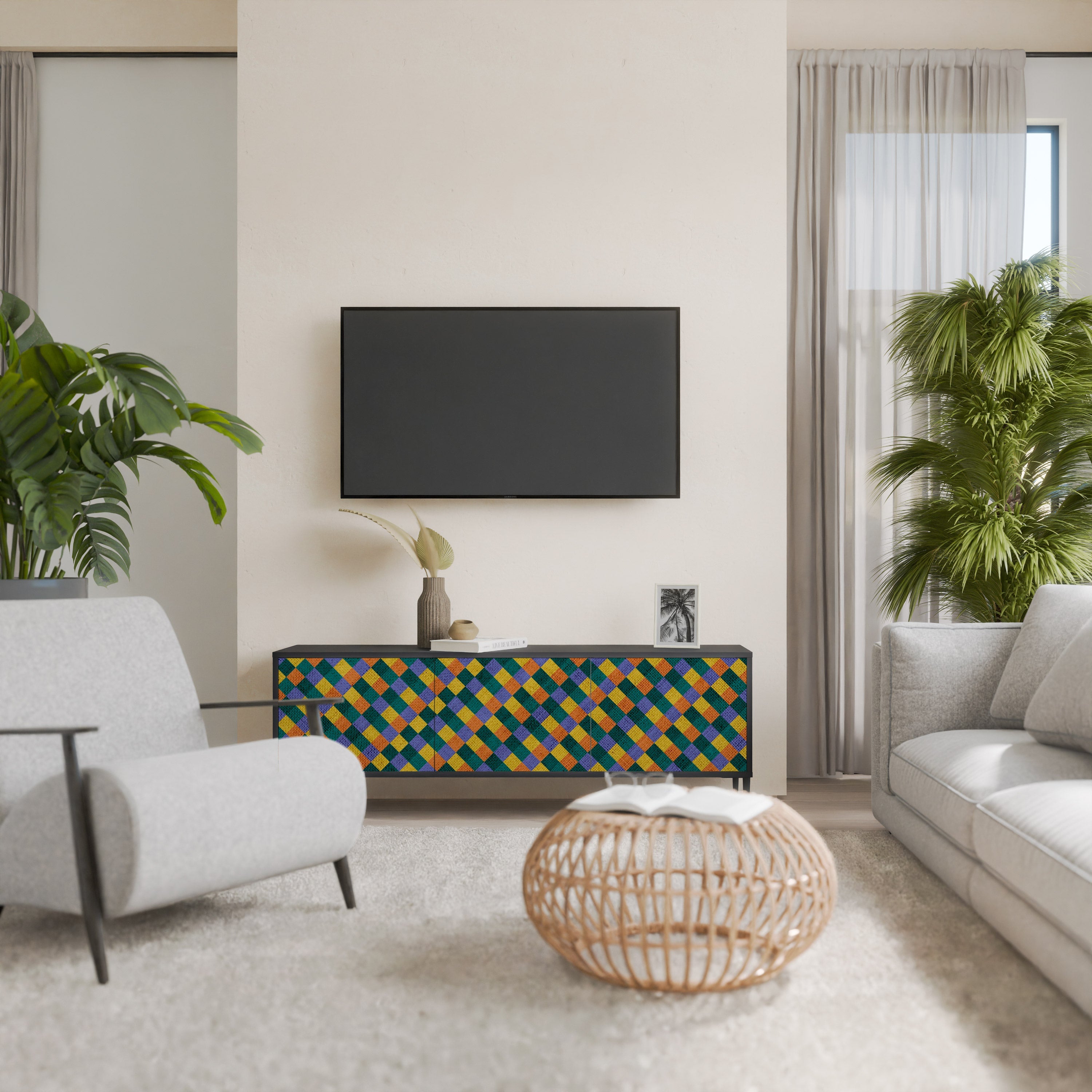 Βάση τηλεόρασης PAINTED SQUARES MIX 3 πορτών σε μαύρο φινίρισμα