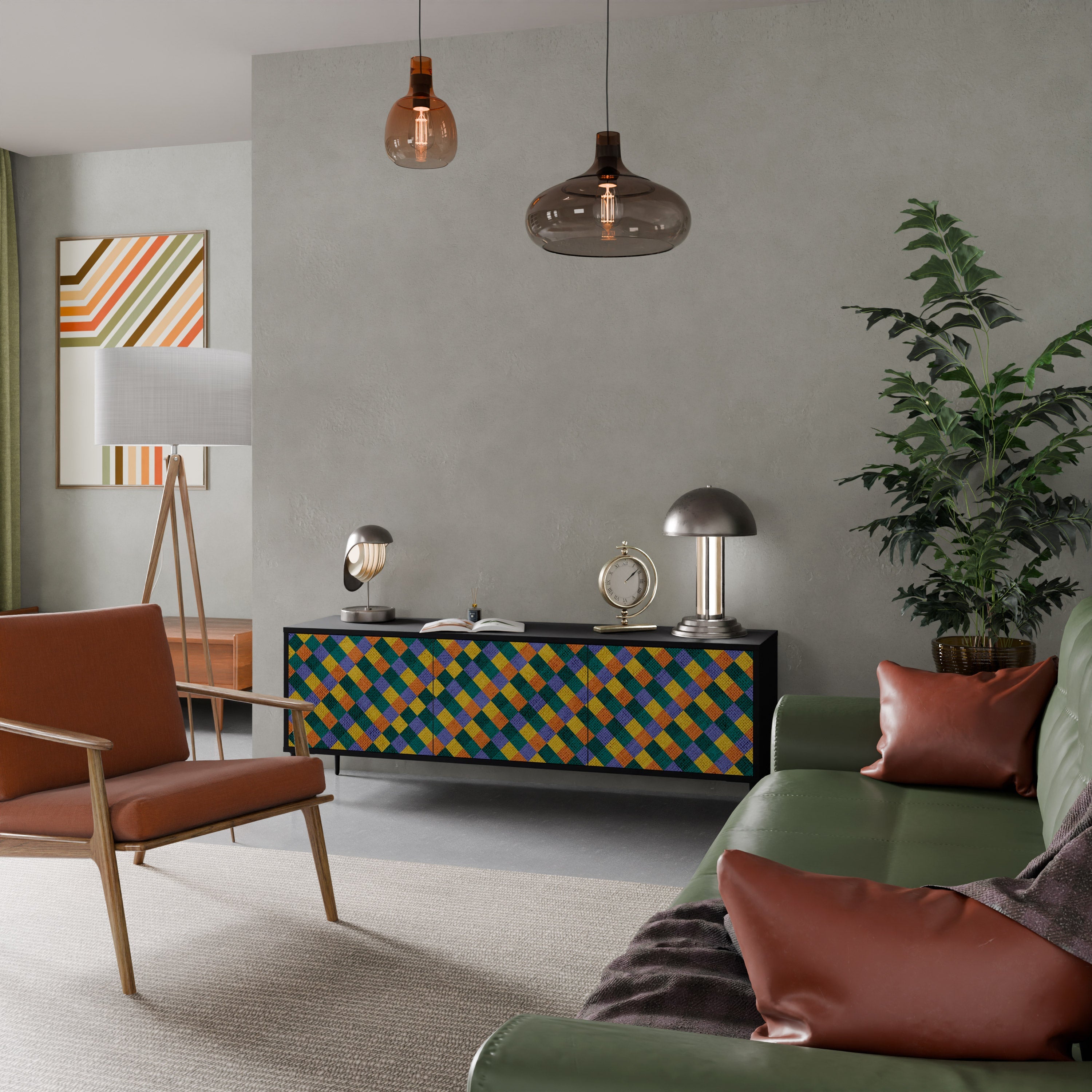 Βάση τηλεόρασης PAINTED SQUARES MIX 3 πορτών σε μαύρο φινίρισμα