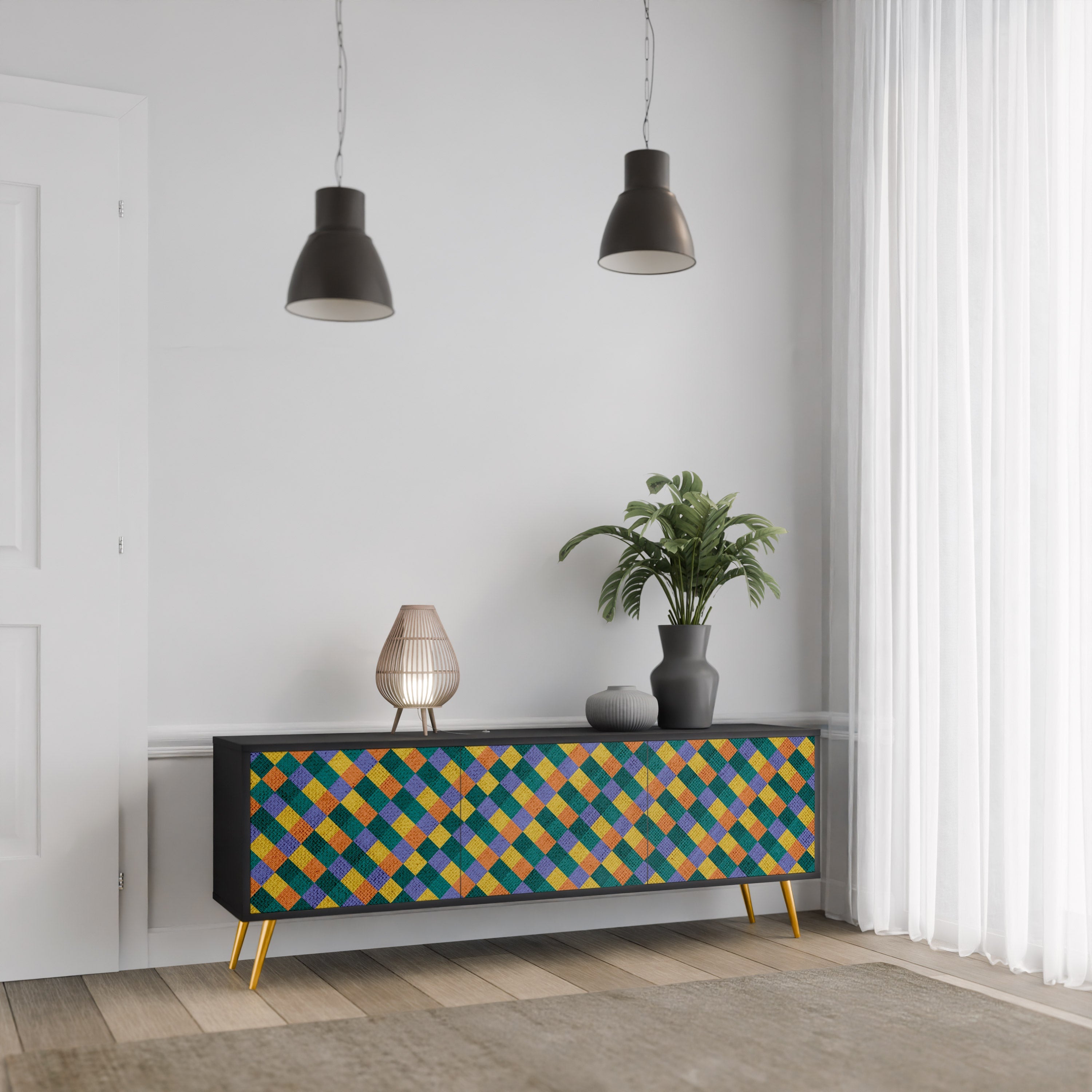 Βάση τηλεόρασης PAINTED SQUARES MIX 3 πορτών σε μαύρο φινίρισμα