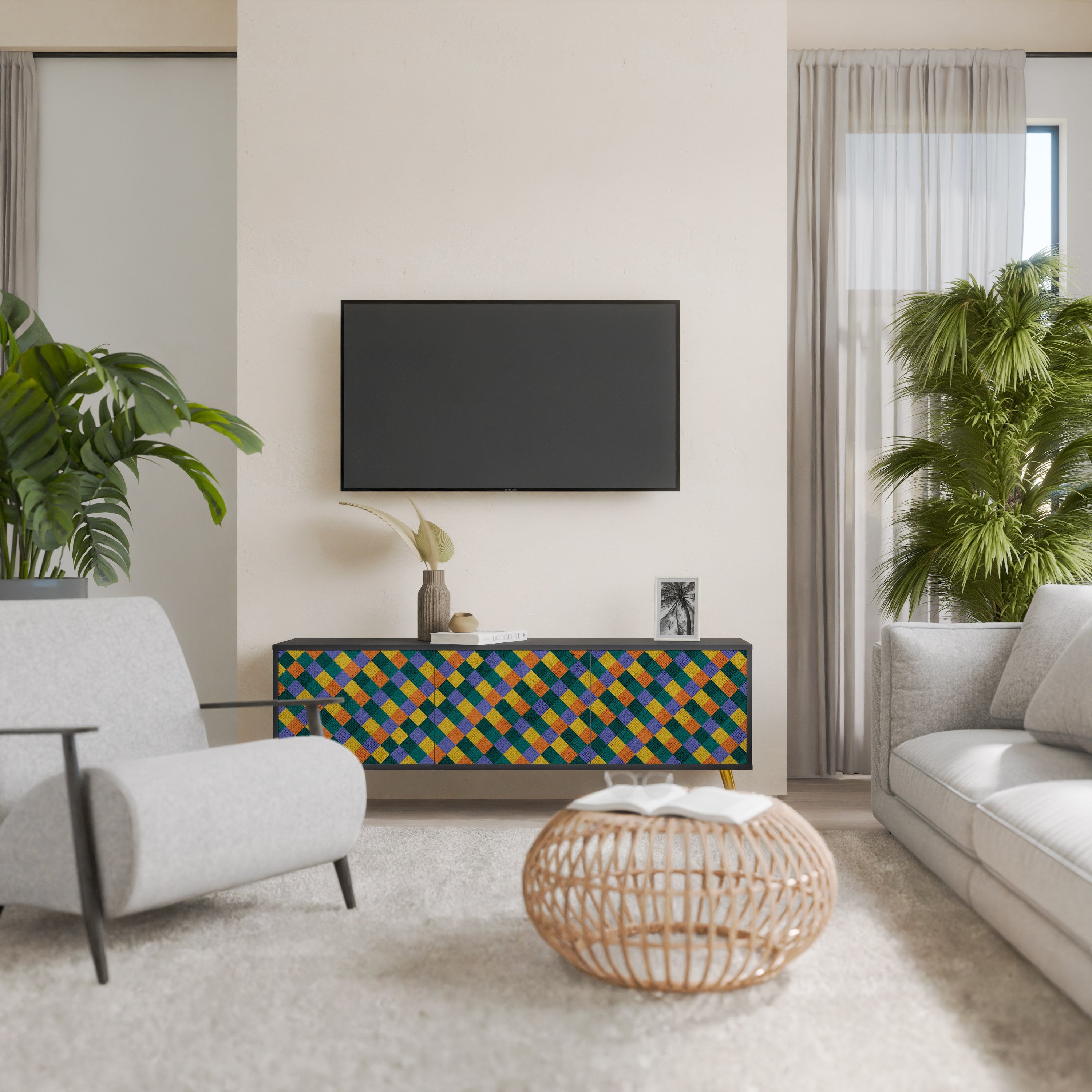 Βάση τηλεόρασης PAINTED SQUARES MIX 3 πορτών σε μαύρο φινίρισμα