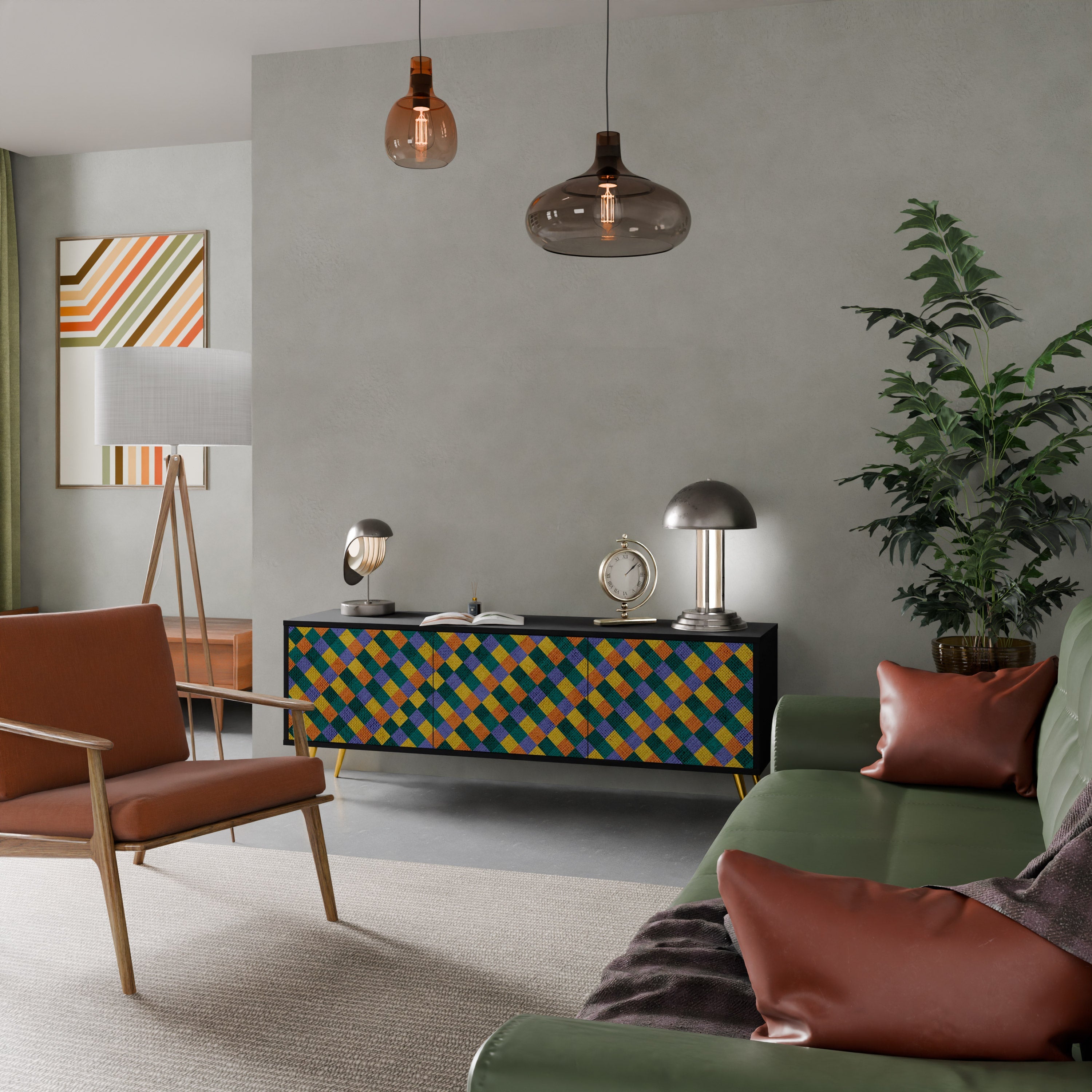 Βάση τηλεόρασης PAINTED SQUARES MIX 3 πορτών σε μαύρο φινίρισμα
