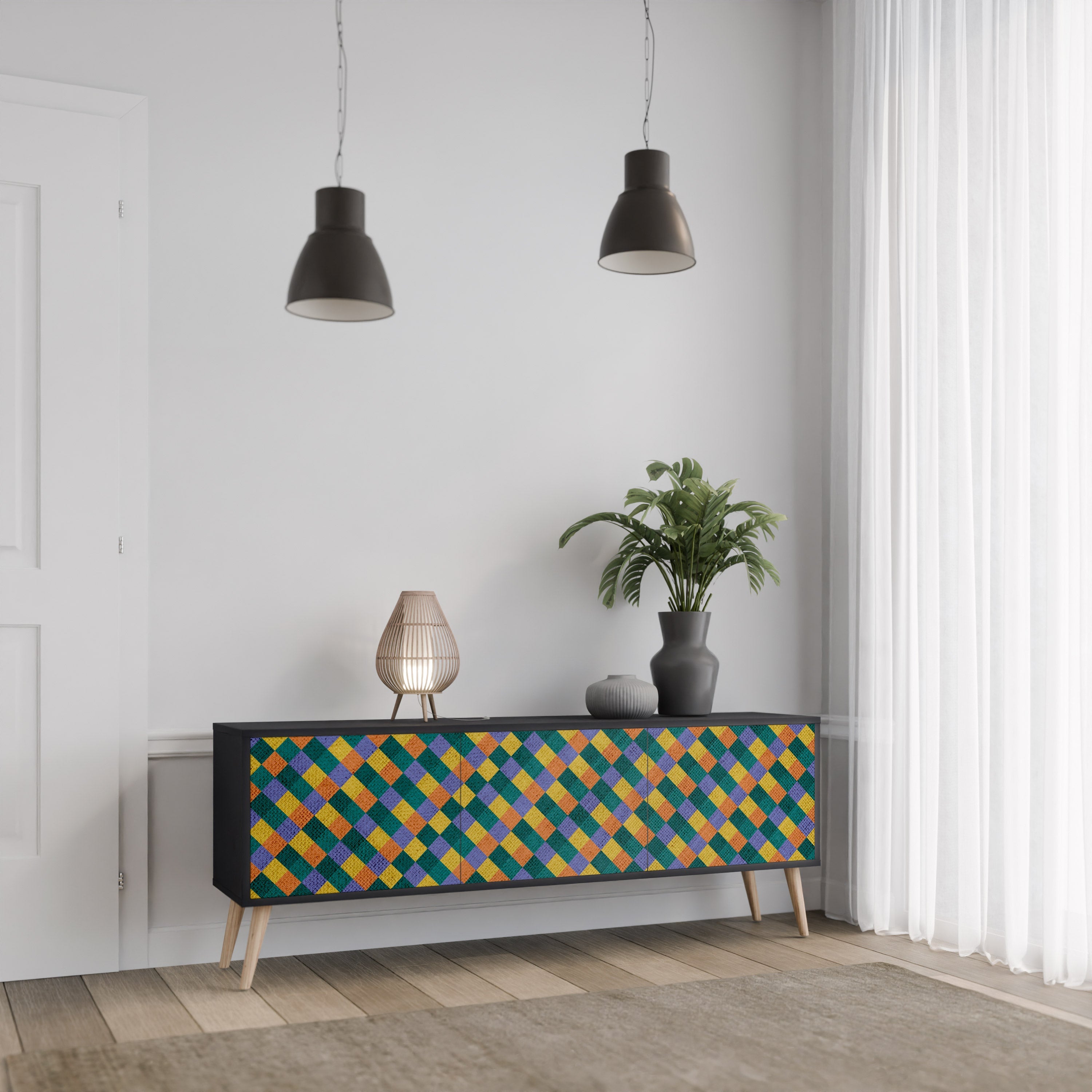 Βάση τηλεόρασης PAINTED SQUARES MIX 3 πορτών σε μαύρο φινίρισμα