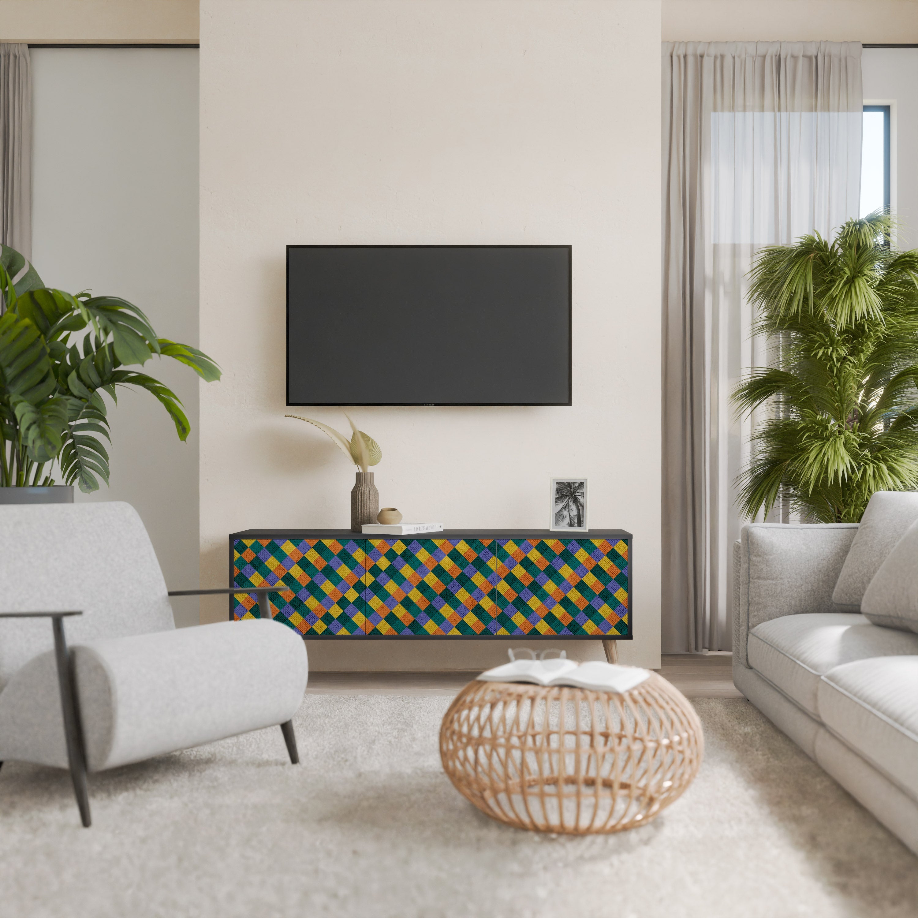 Βάση τηλεόρασης PAINTED SQUARES MIX 3 πορτών σε μαύρο φινίρισμα
