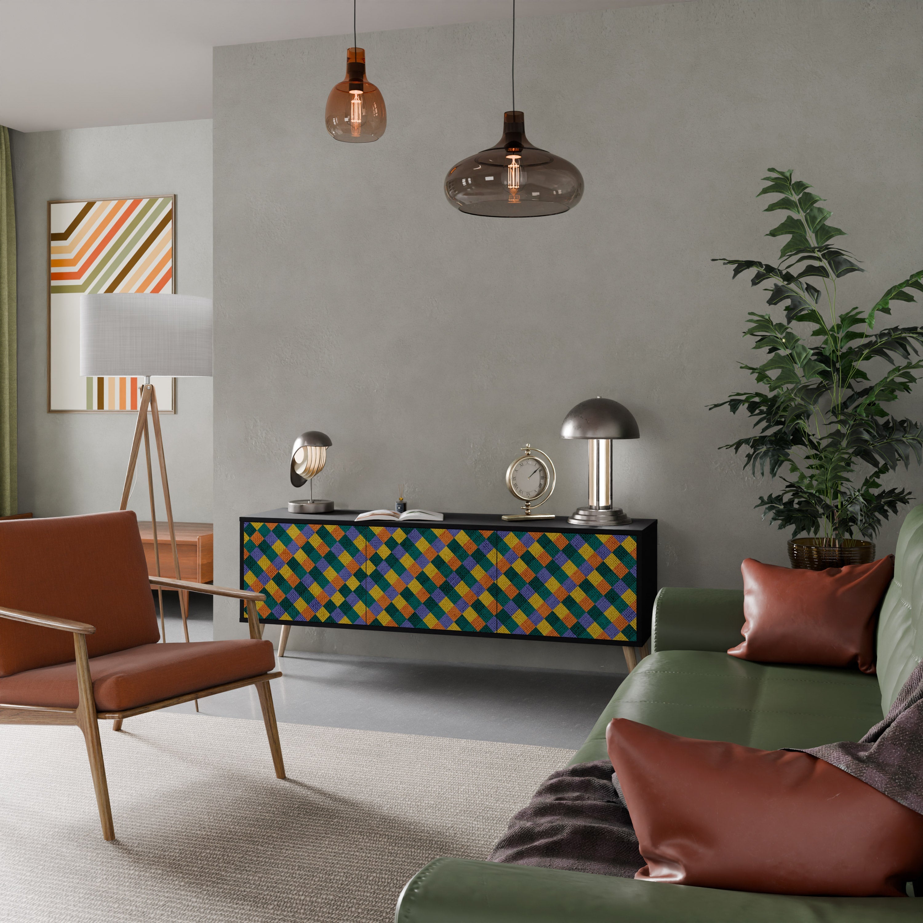 Βάση τηλεόρασης PAINTED SQUARES MIX 3 πορτών σε μαύρο φινίρισμα