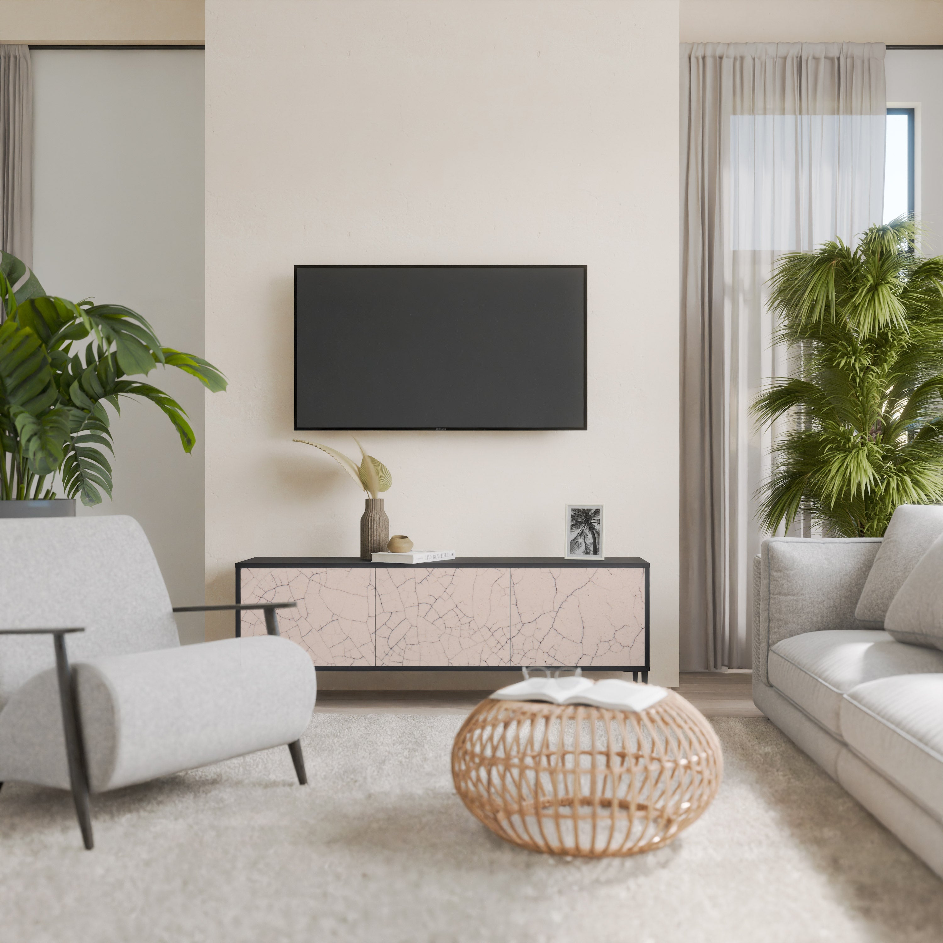 Βάση τηλεόρασης 3 θυρών CERAMIC TEXTURE σε μαύρο φινίρισμα