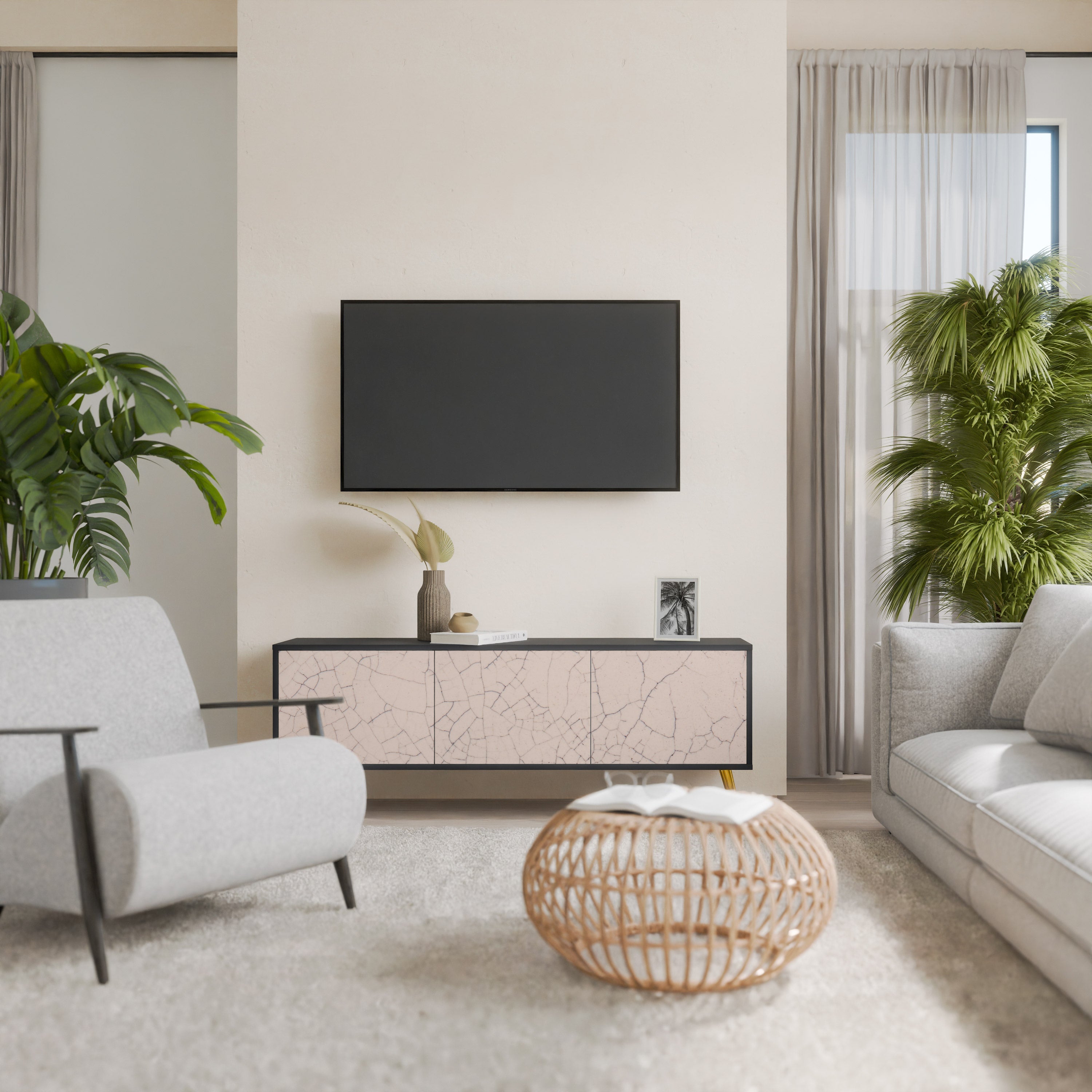 Βάση τηλεόρασης 3 θυρών CERAMIC TEXTURE σε μαύρο φινίρισμα