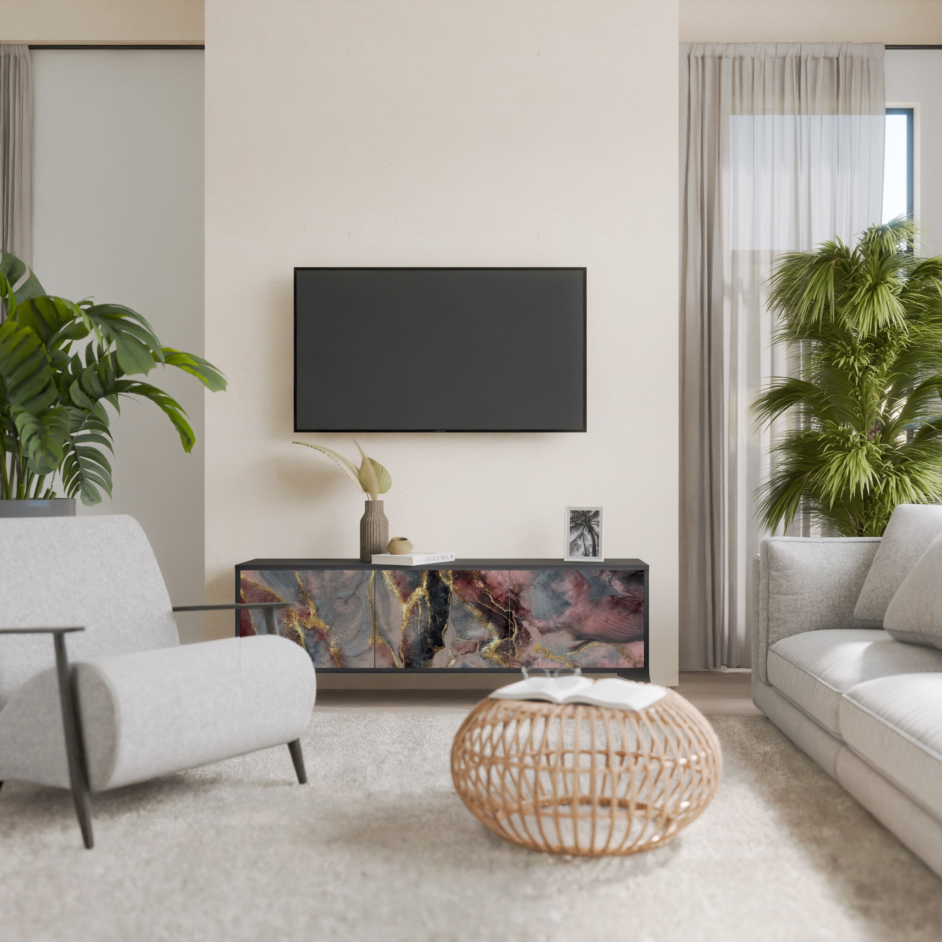 Βάση τηλεόρασης GOLDEN TIDES με 3 πόρτες σε μαύρο φινίρισμα