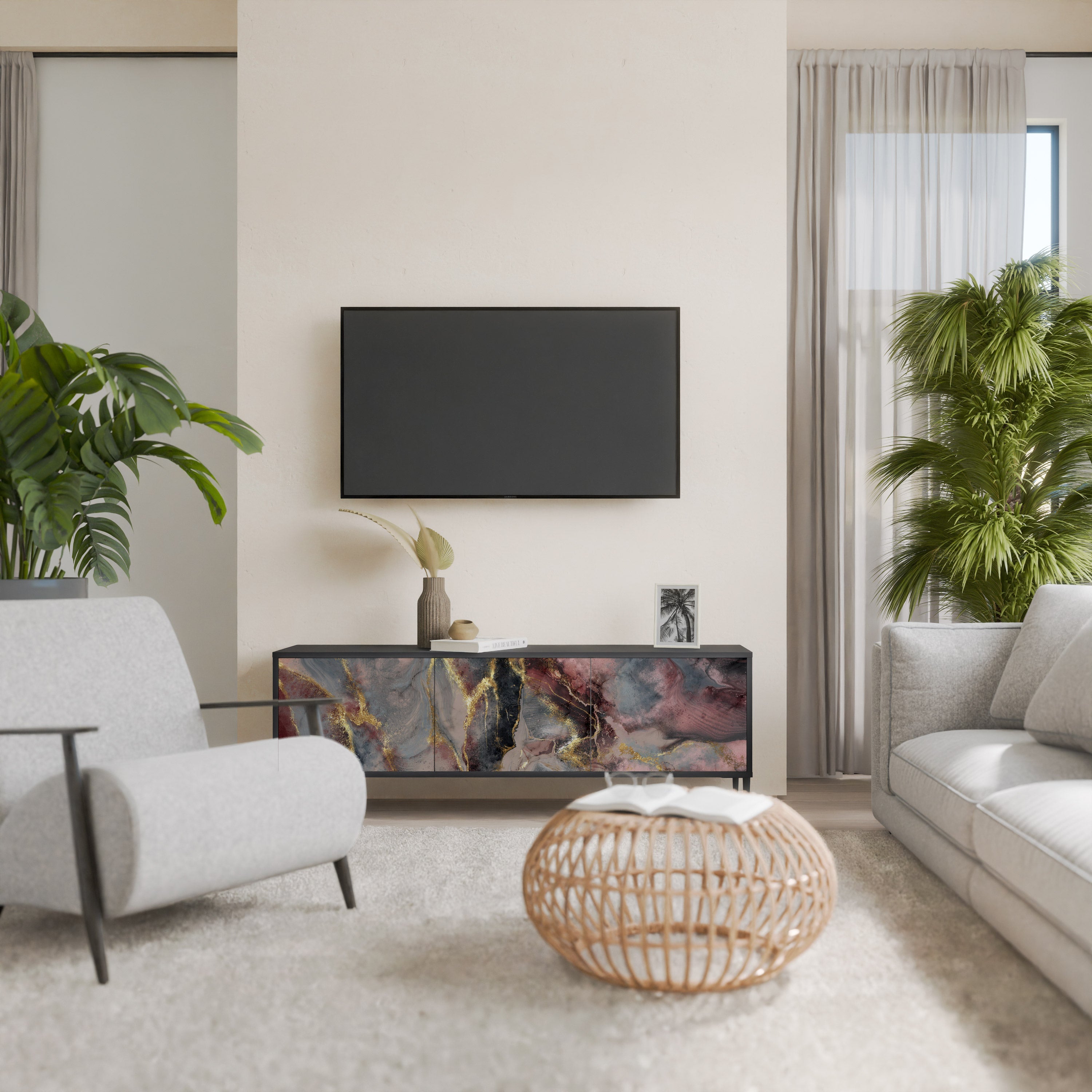 Βάση τηλεόρασης GOLDEN TIDES με 3 πόρτες σε μαύρο φινίρισμα