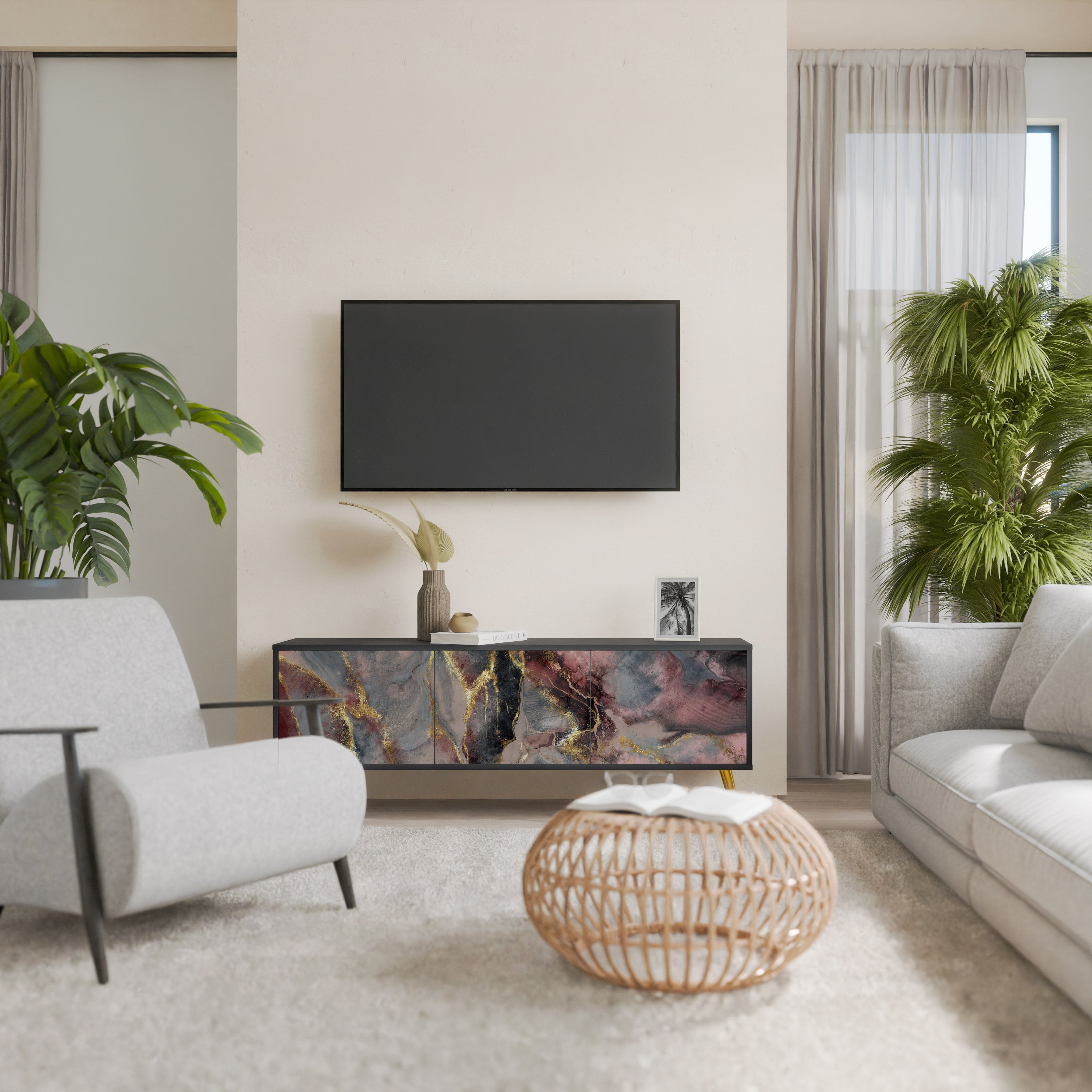 Βάση τηλεόρασης GOLDEN TIDES με 3 πόρτες σε μαύρο φινίρισμα