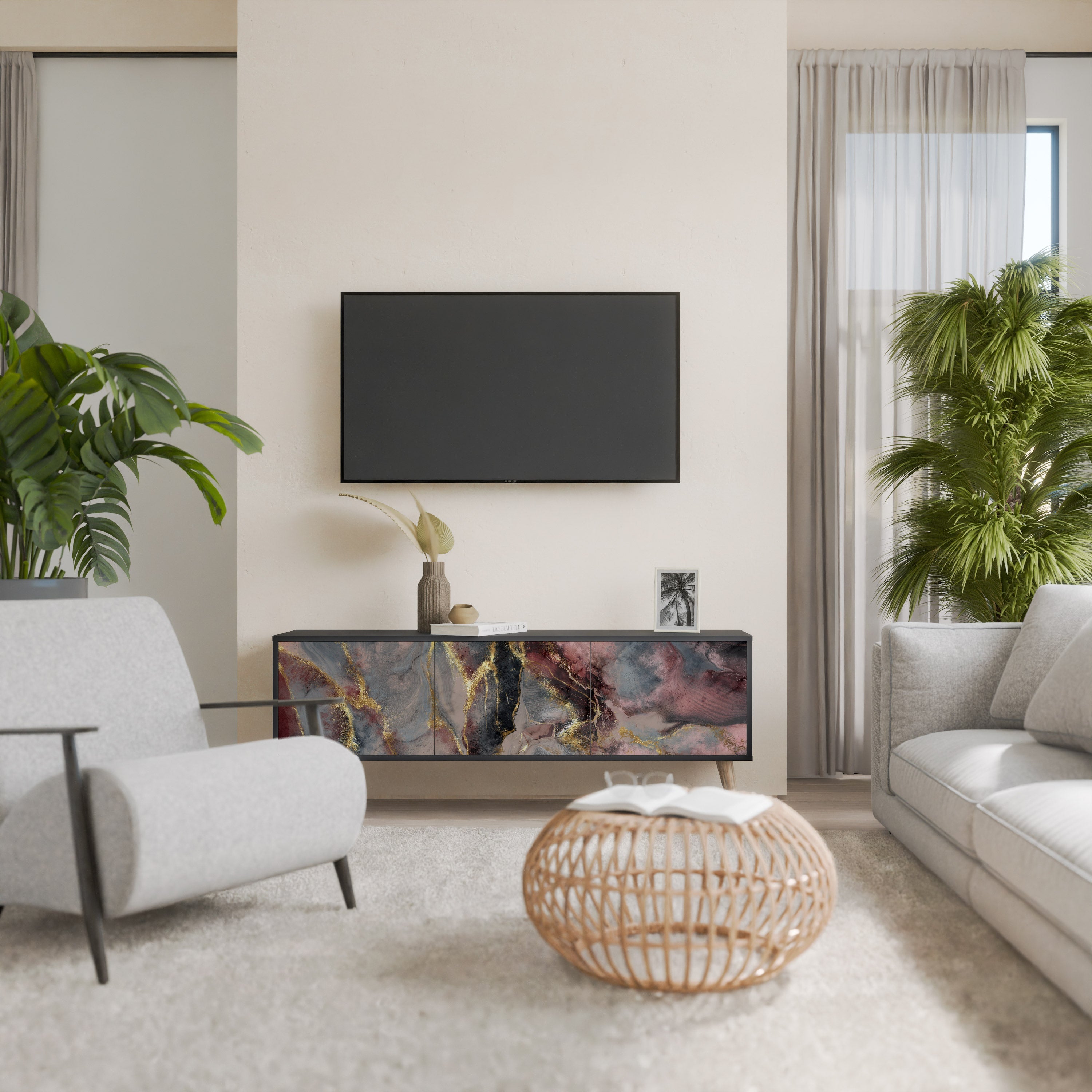 Βάση τηλεόρασης GOLDEN TIDES με 3 πόρτες σε μαύρο φινίρισμα