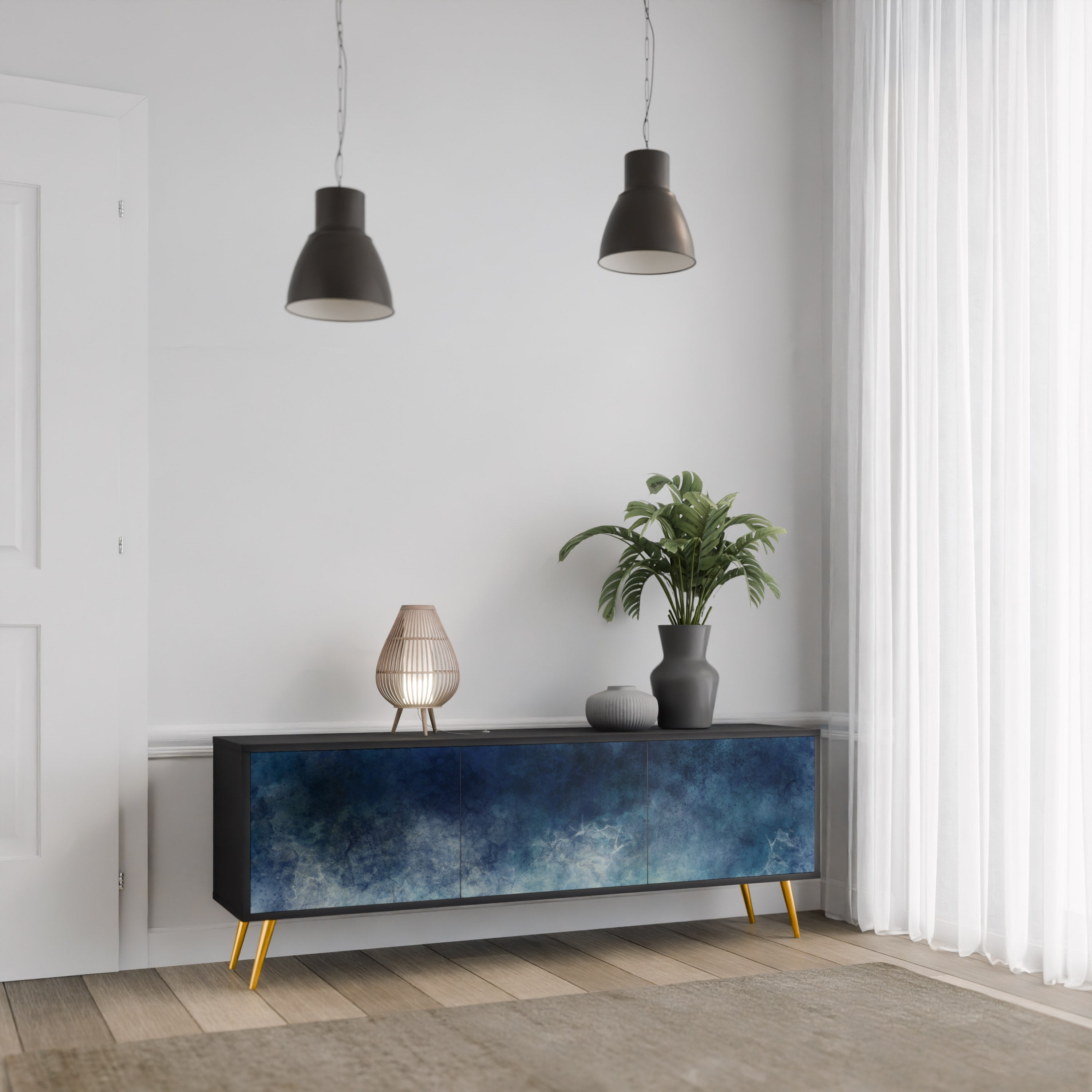 CELESTIAL FALL 3-Door TV Stand in Black Finish