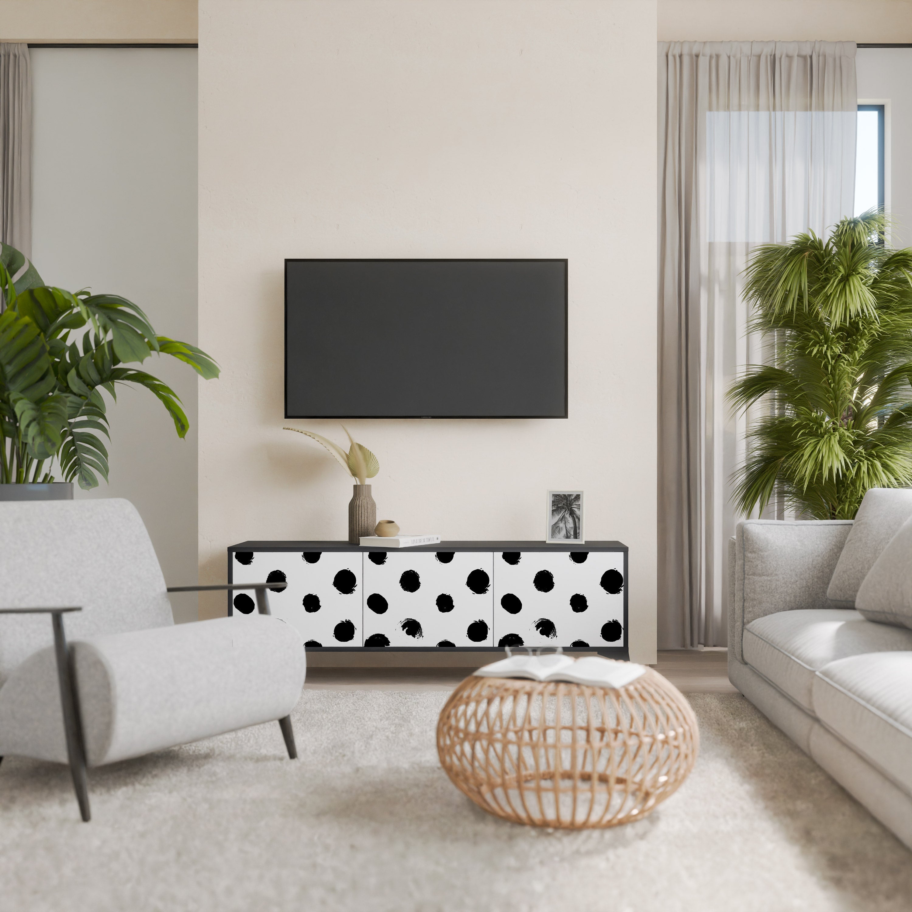 SLIPPING MINUTES 3-Door TV Stand in Black Finish