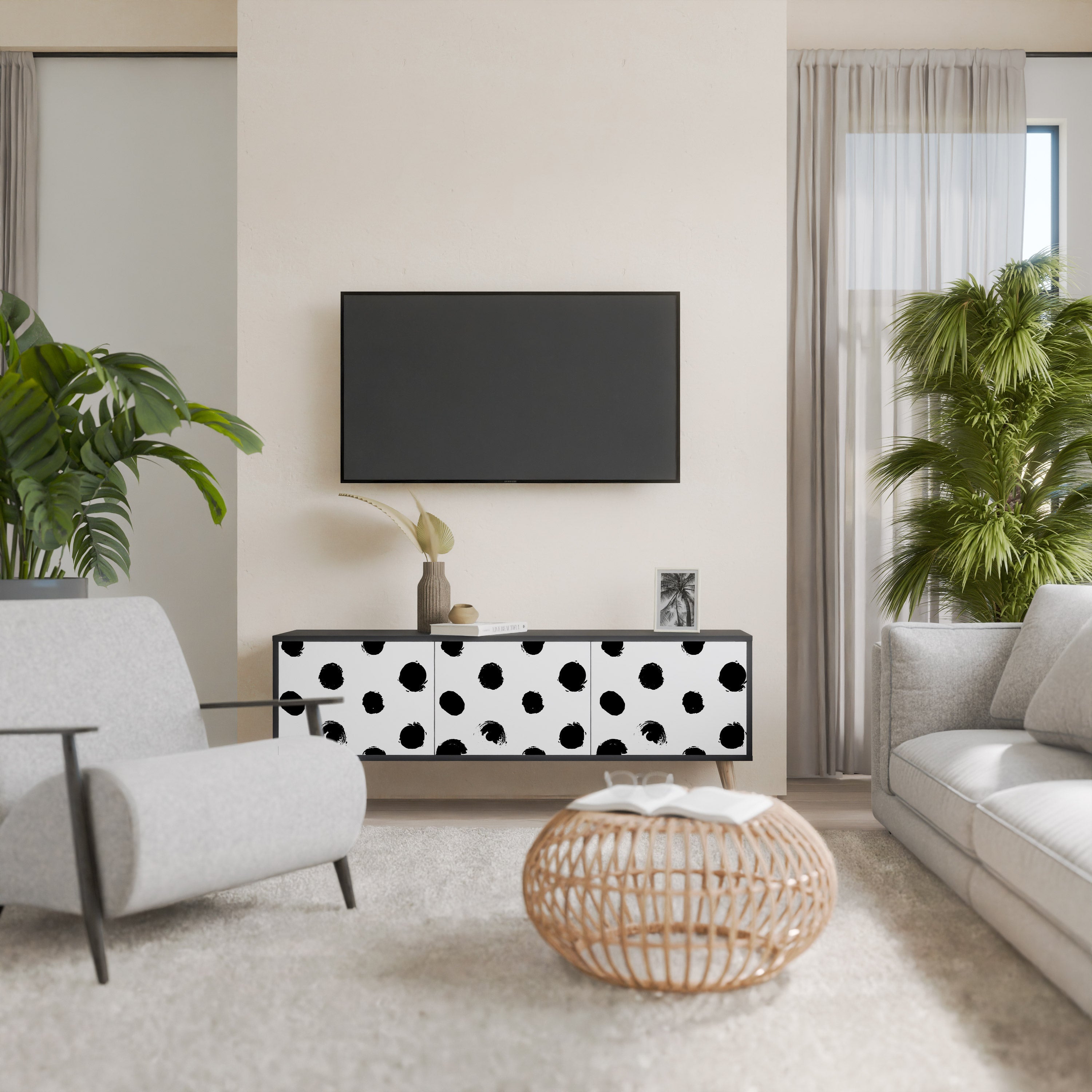 SLIPPING MINUTES 3-Door TV Stand in Black Finish