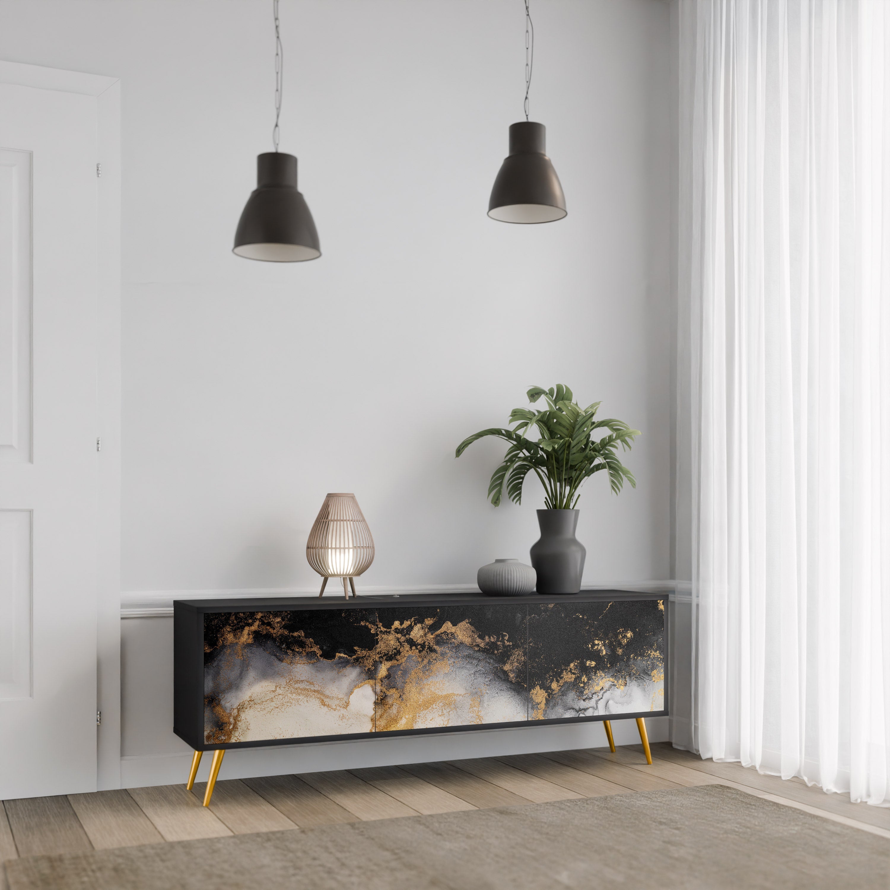 MARBLE OF TOMMORROW 3-Door TV Stand in Black Finish