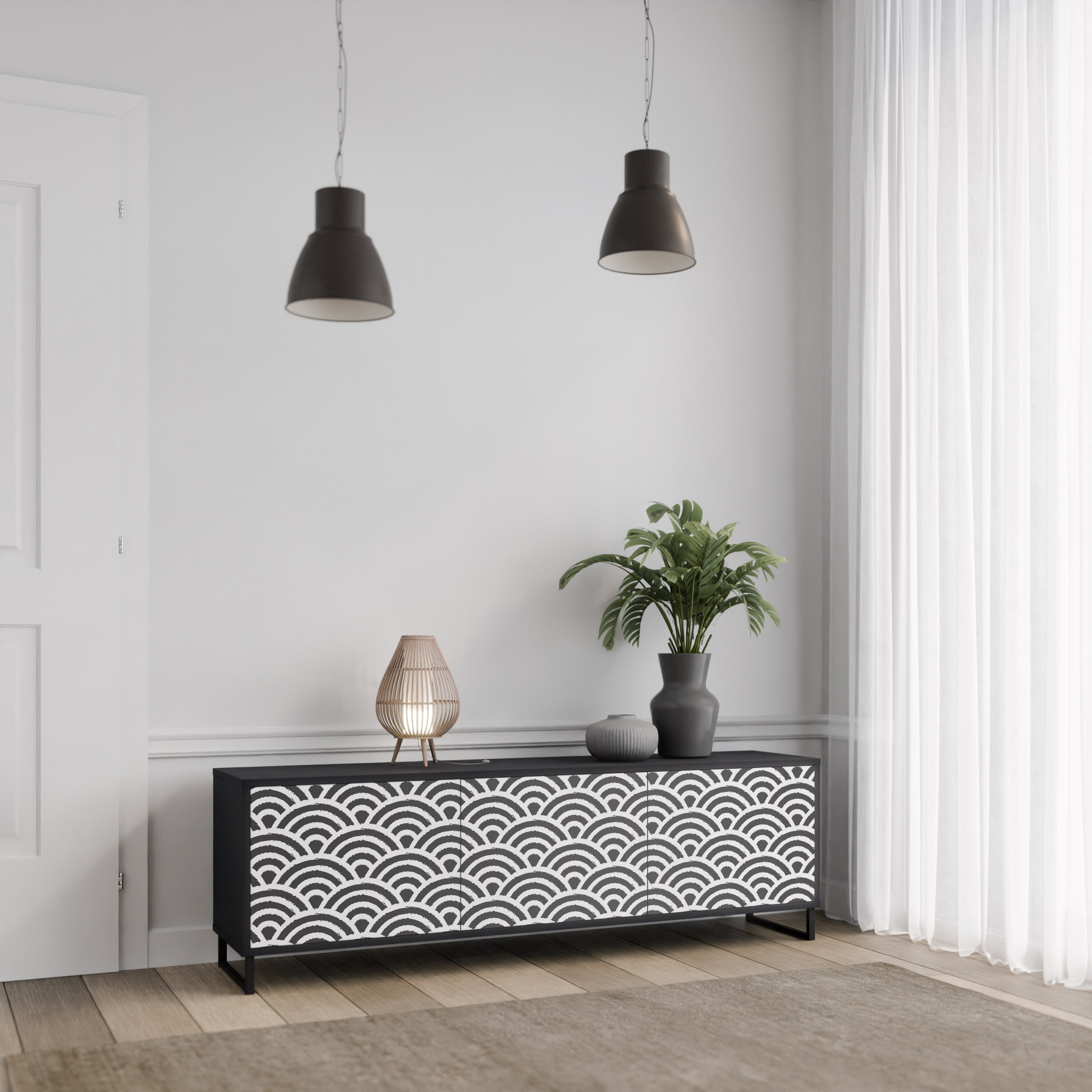GLOOMY HOST 3-Door TV Stand in Black Finish
