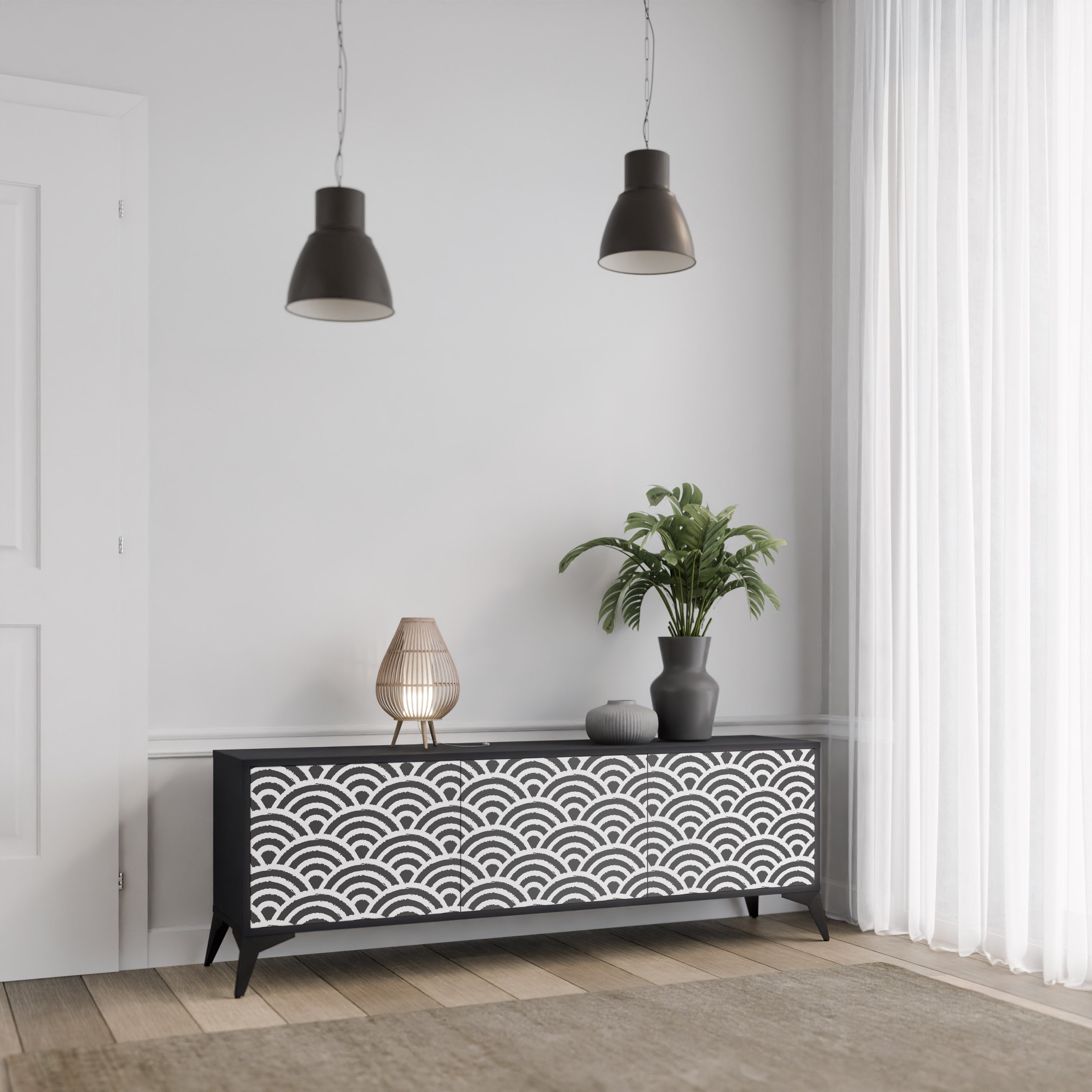 GLOOMY HOST 3-Door TV Stand in Black Finish
