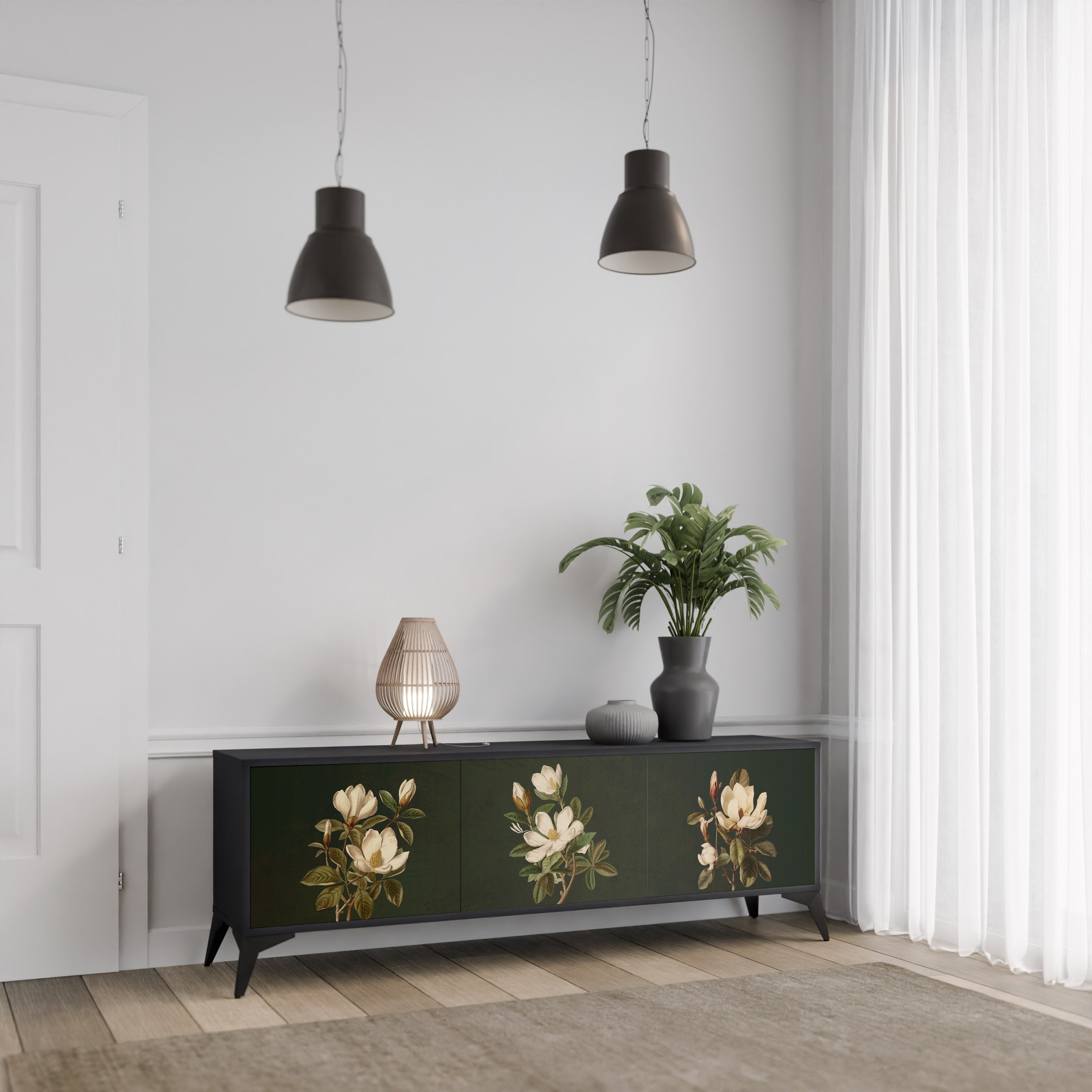 FLORAL NOIR 3-Door TV Stand in Black Finish