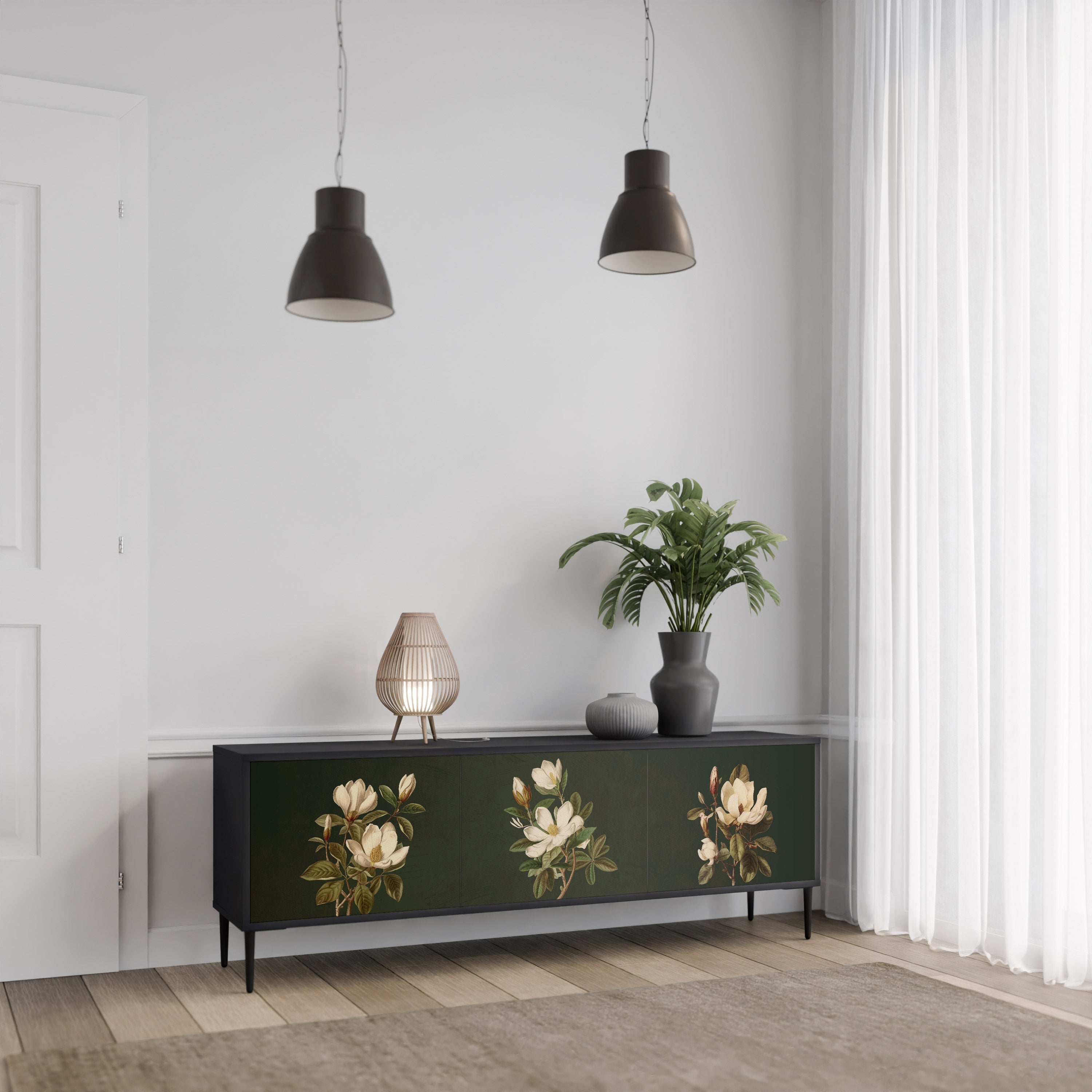 FLORAL NOIR 3-Door TV Stand in Black Finish