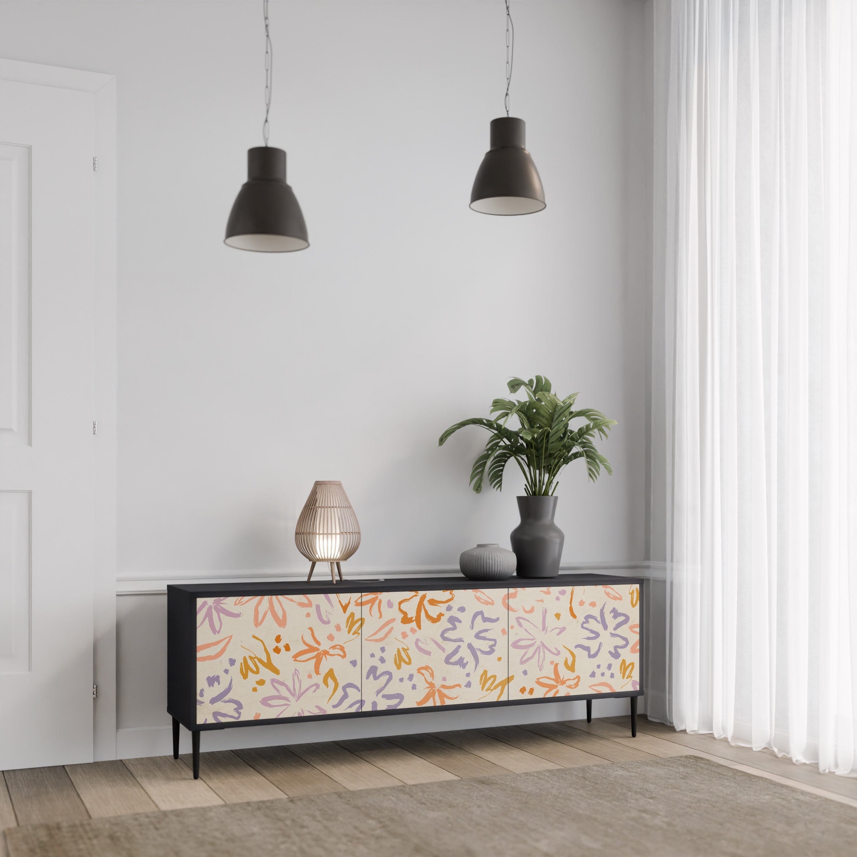 SPRING WHIMSY 3-Door TV Stand in Black Finish