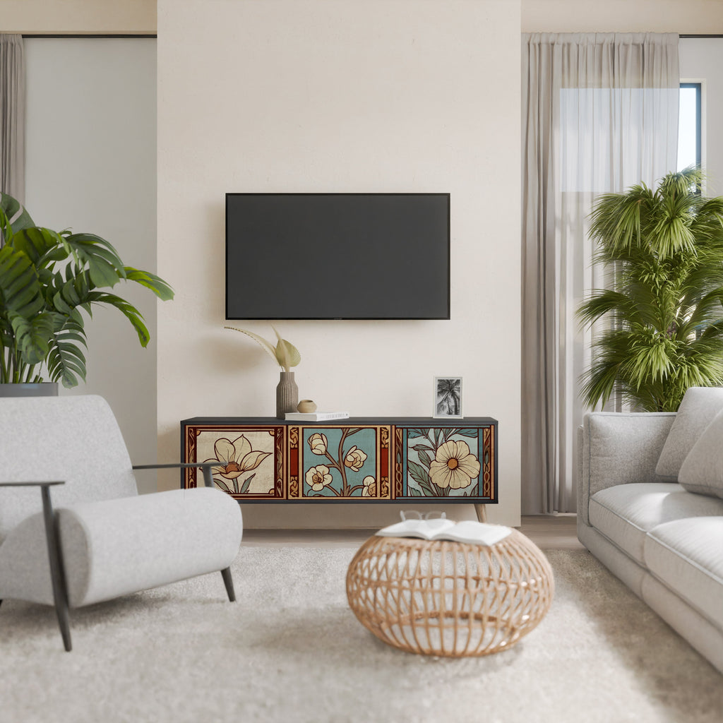 TIMELESS FLORA Τρίθυρη βάση τηλεόρασης σε μαύρο φινίρισμα