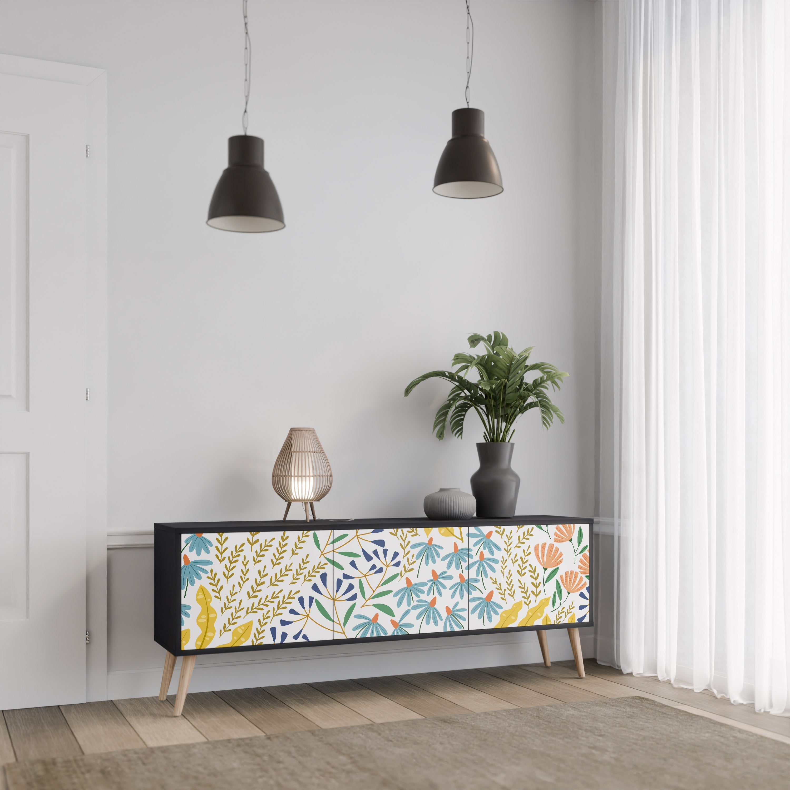 HELLO SPRING 3-Door TV Stand in Black Finish