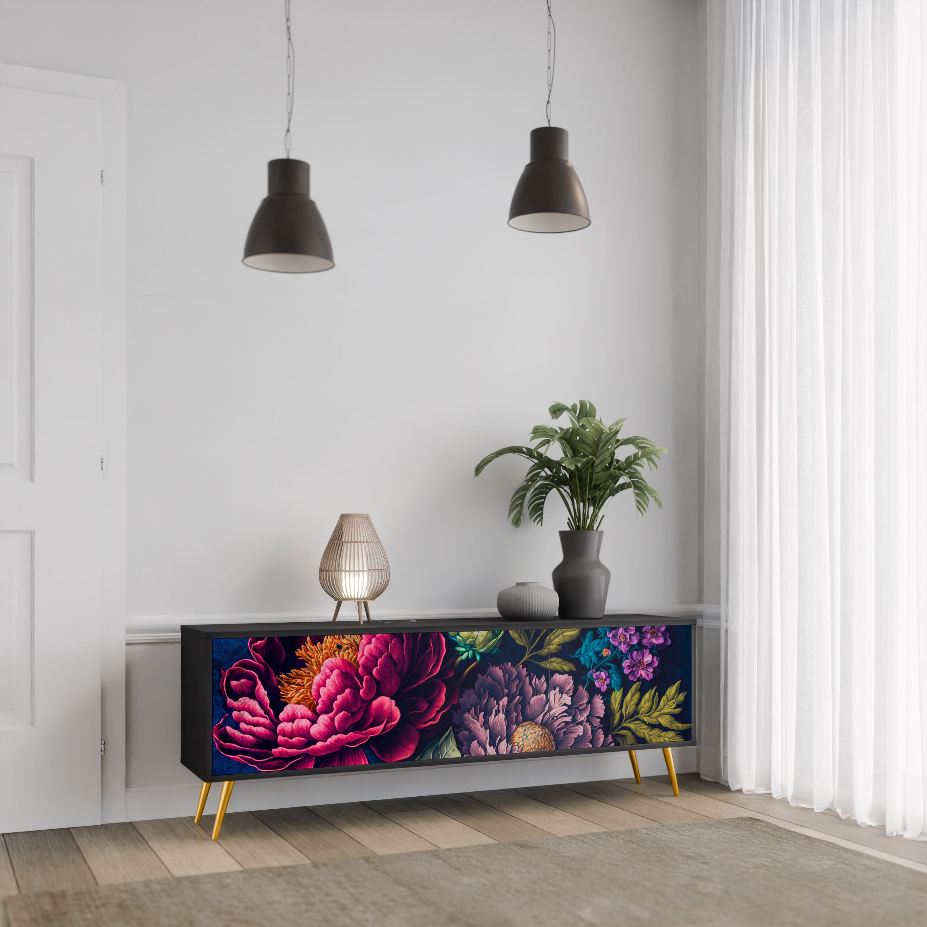 BLOOMING ELEGANCE 3-Door TV Stand in Black Finish