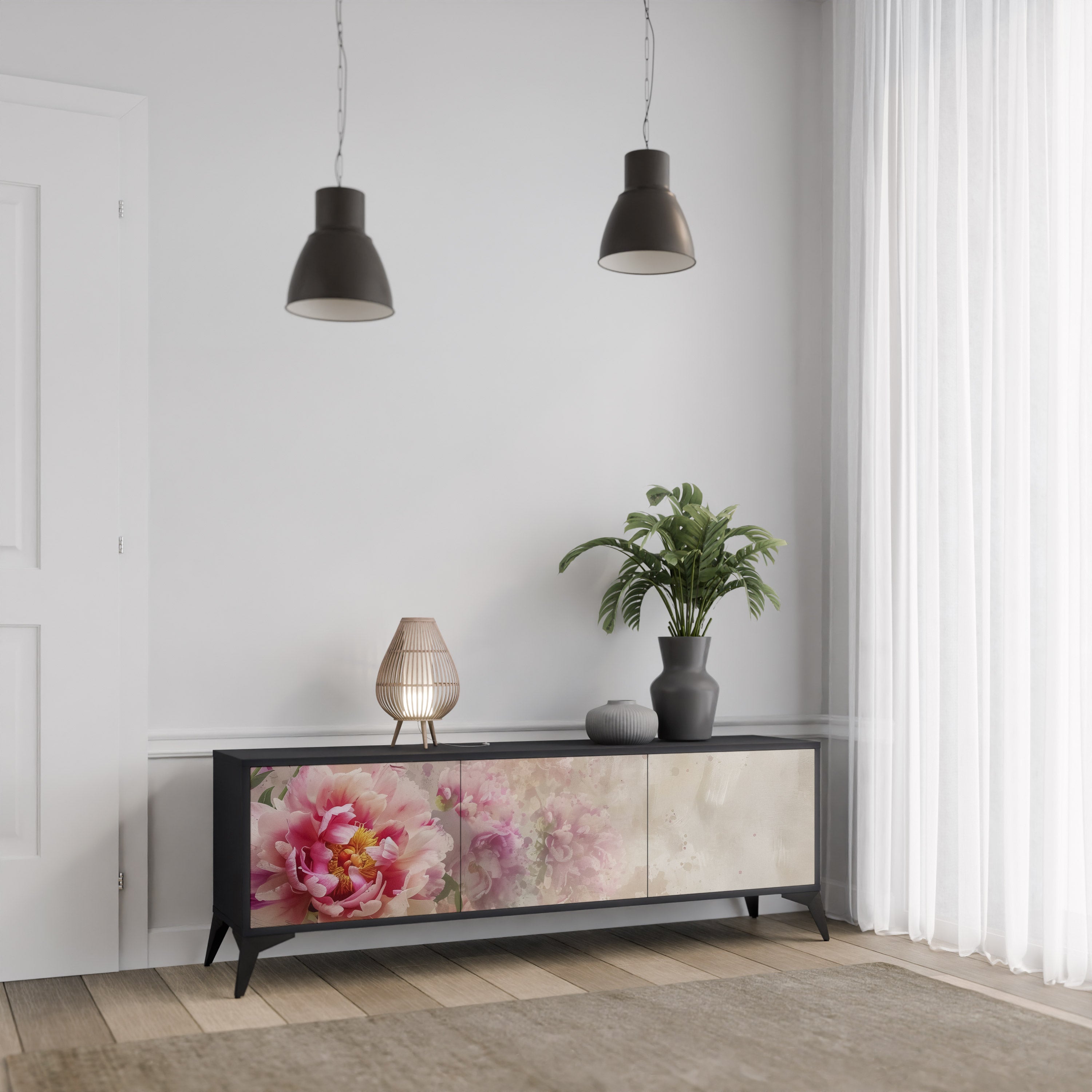 Βάση τηλεόρασης PEONY WHISPER 3θυρη σε μαύρο φινίρισμα