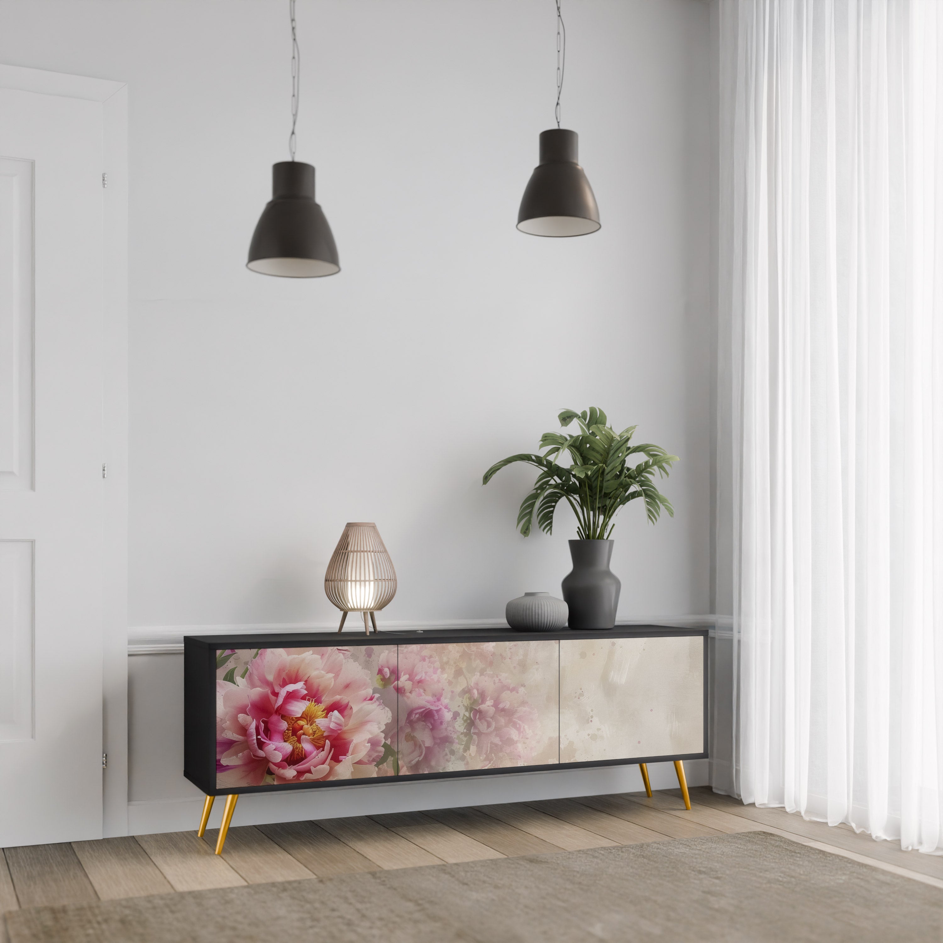 Βάση τηλεόρασης PEONY WHISPER 3θυρη σε μαύρο φινίρισμα